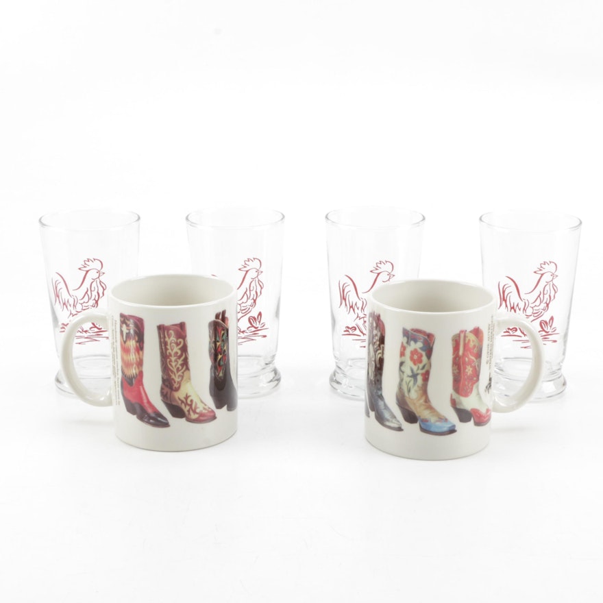 Gene Autry Cowboy Boot Mugs and Vintage Rooster Glasses