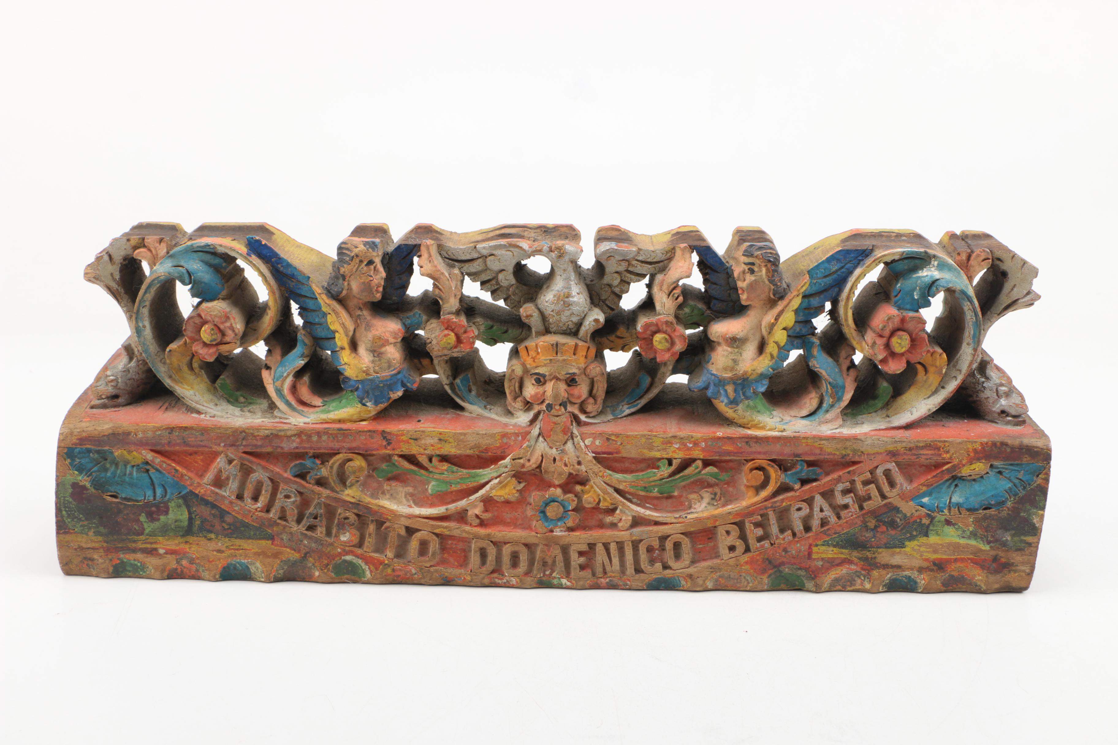 Spanish Colonial Carved Wood Artifact  "Morabito Domenico Belpasso"
