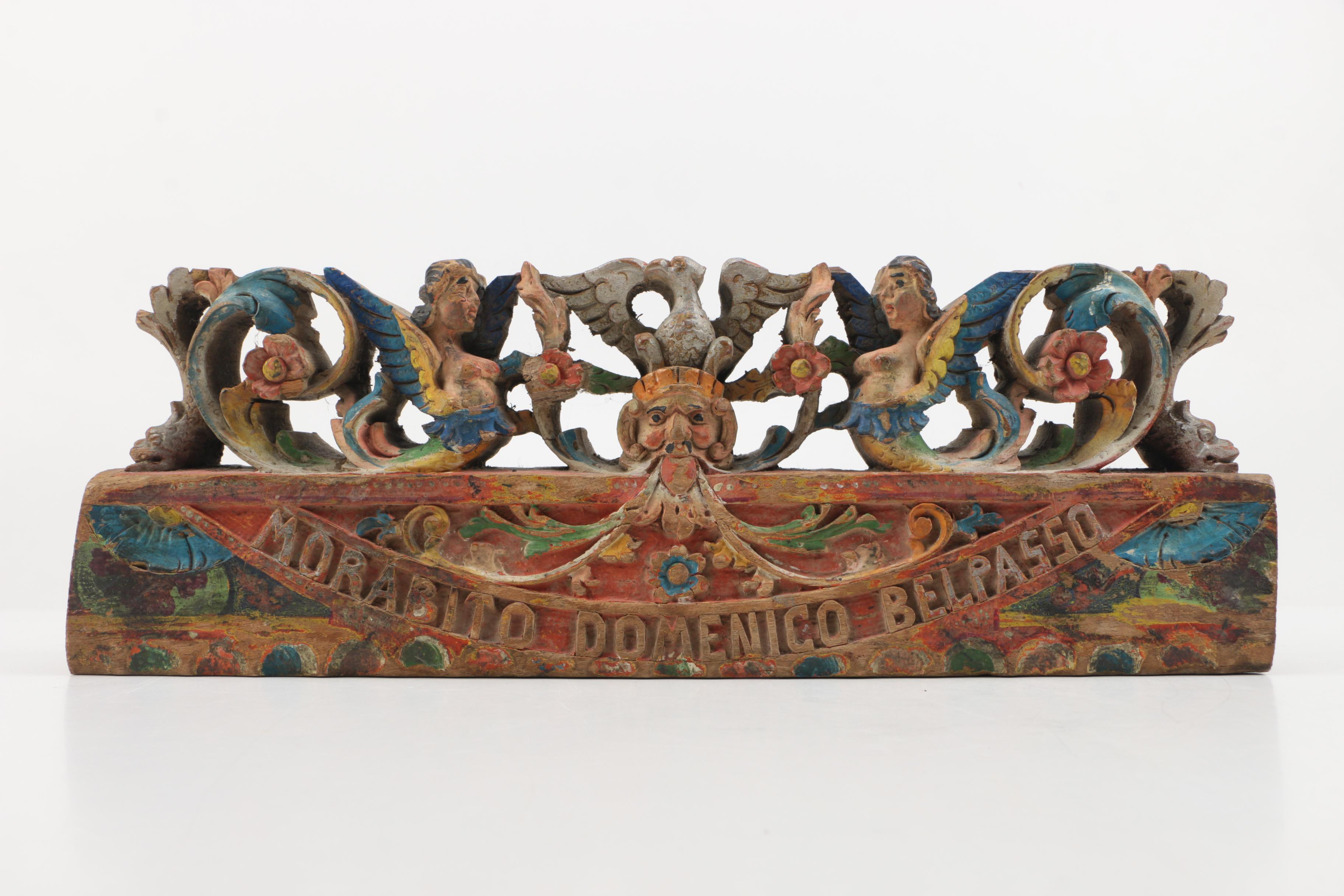 Spanish Colonial Carved Wood Artifact  "Morabito Domenico Belpasso"