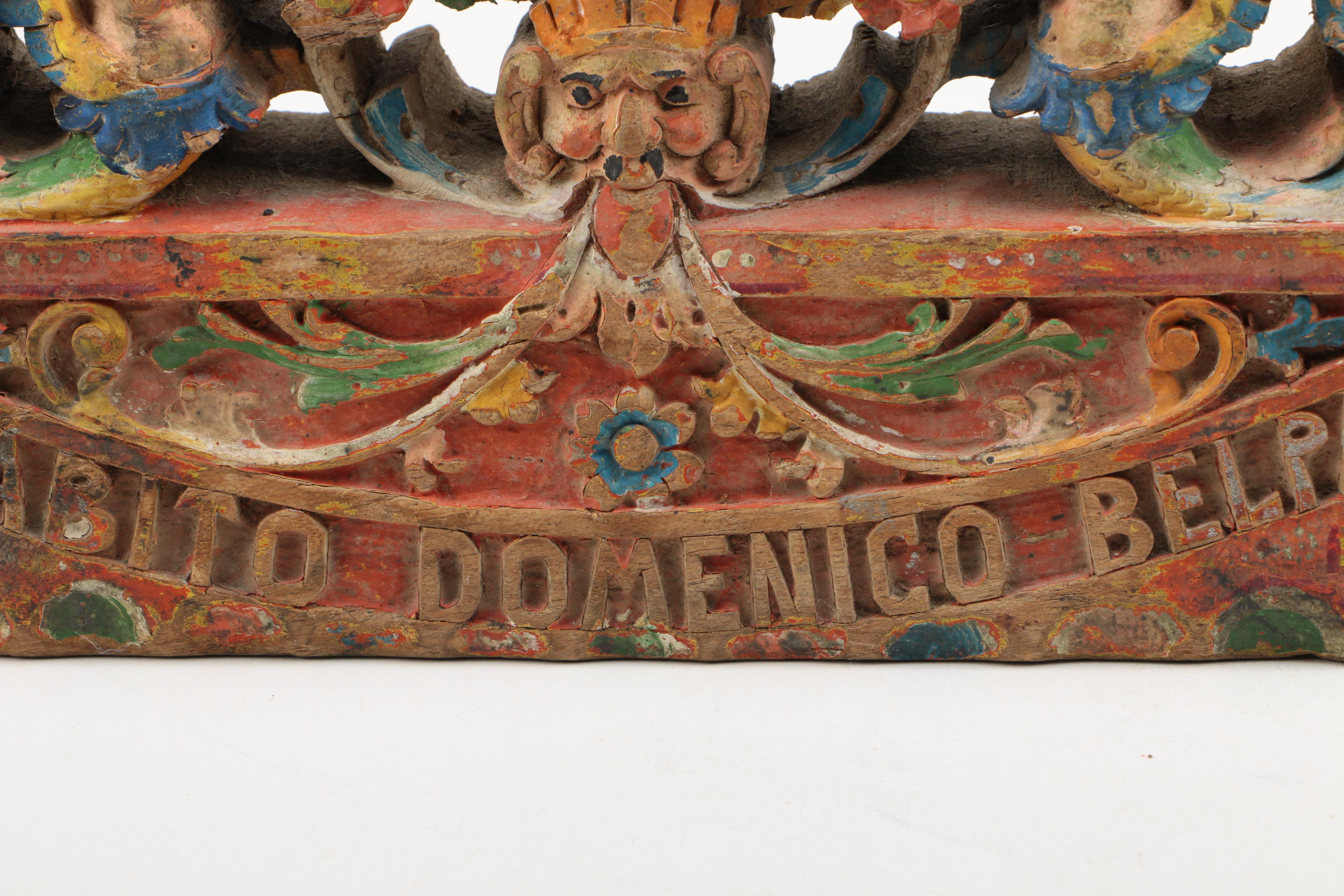 Spanish Colonial Carved Wood Artifact  "Morabito Domenico Belpasso"