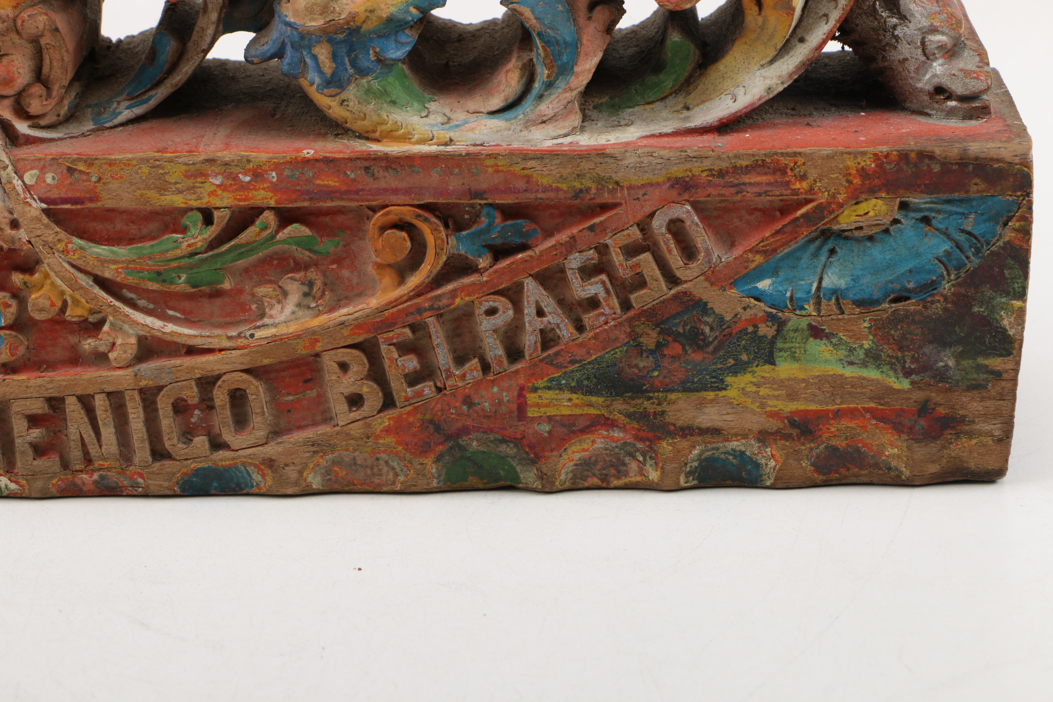 Spanish Colonial Carved Wood Artifact  "Morabito Domenico Belpasso"