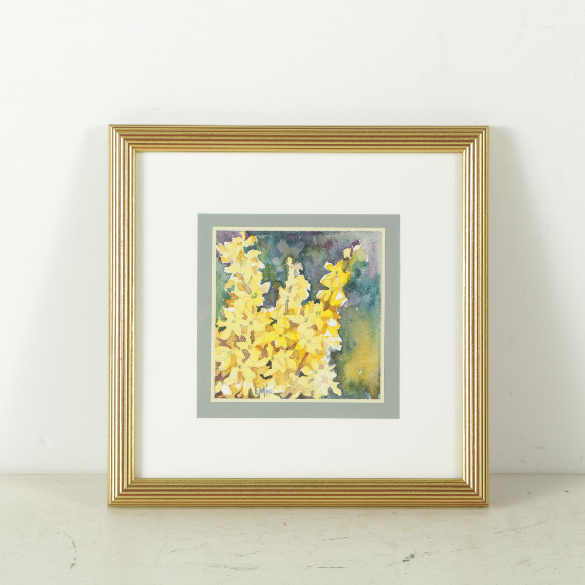 Emi Watercolor and Gouache Painting on Paper of Yellow Flowers