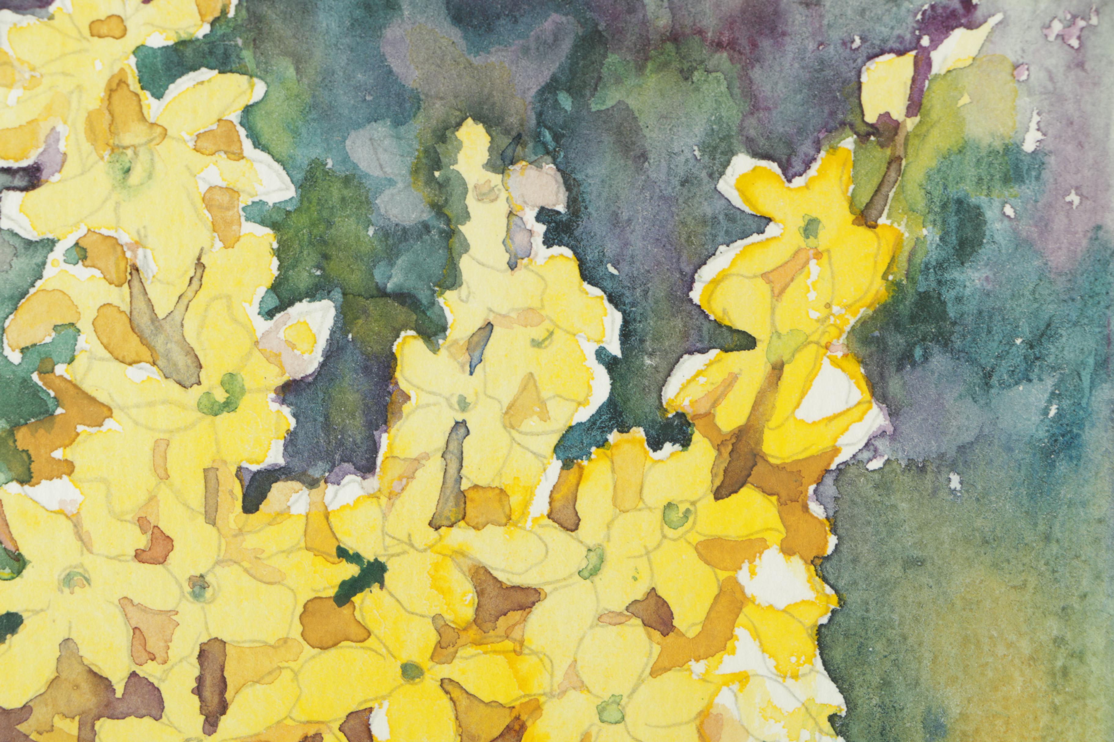 Emi Watercolor and Gouache Painting on Paper of Yellow Flowers