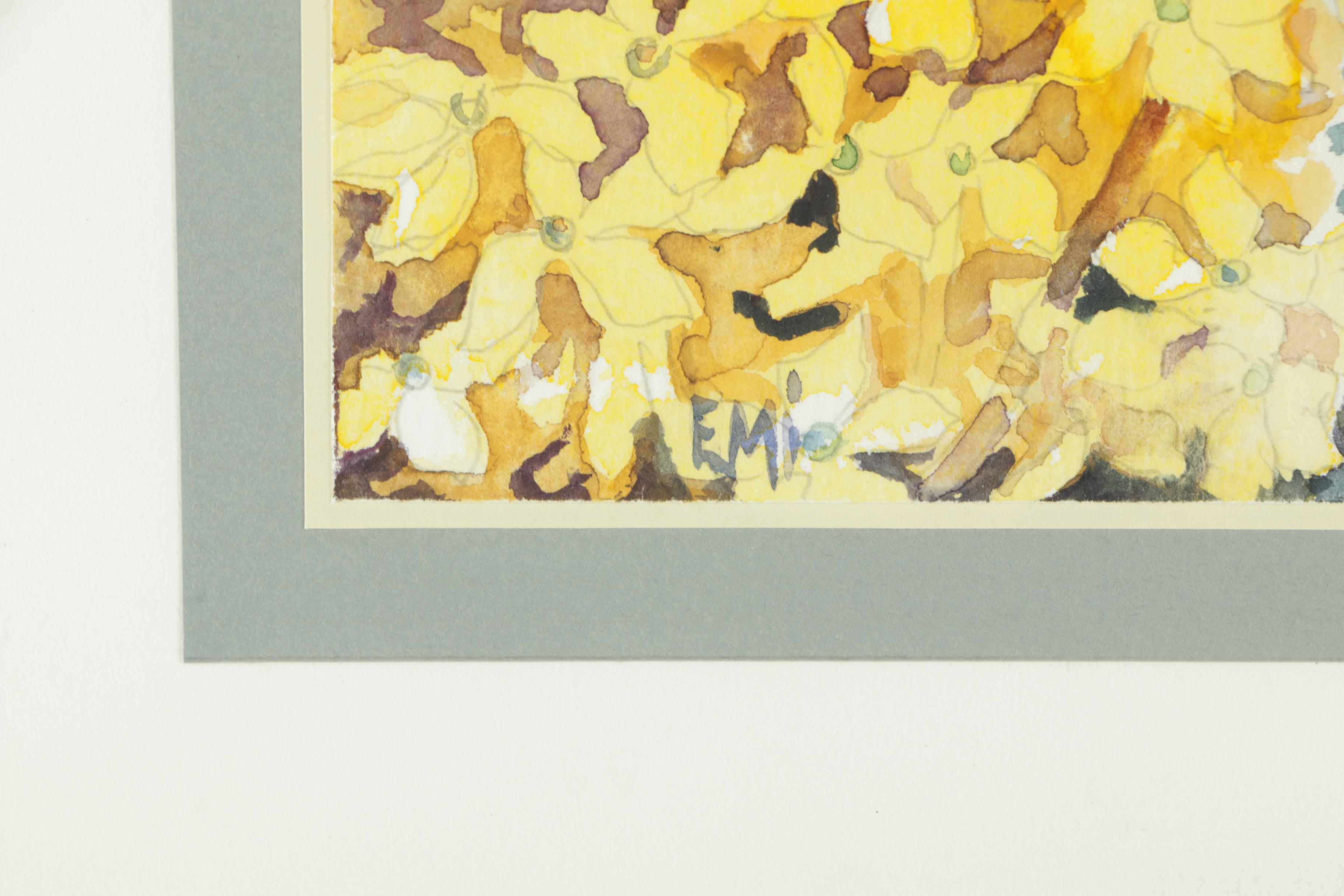 Emi Watercolor and Gouache Painting on Paper of Yellow Flowers