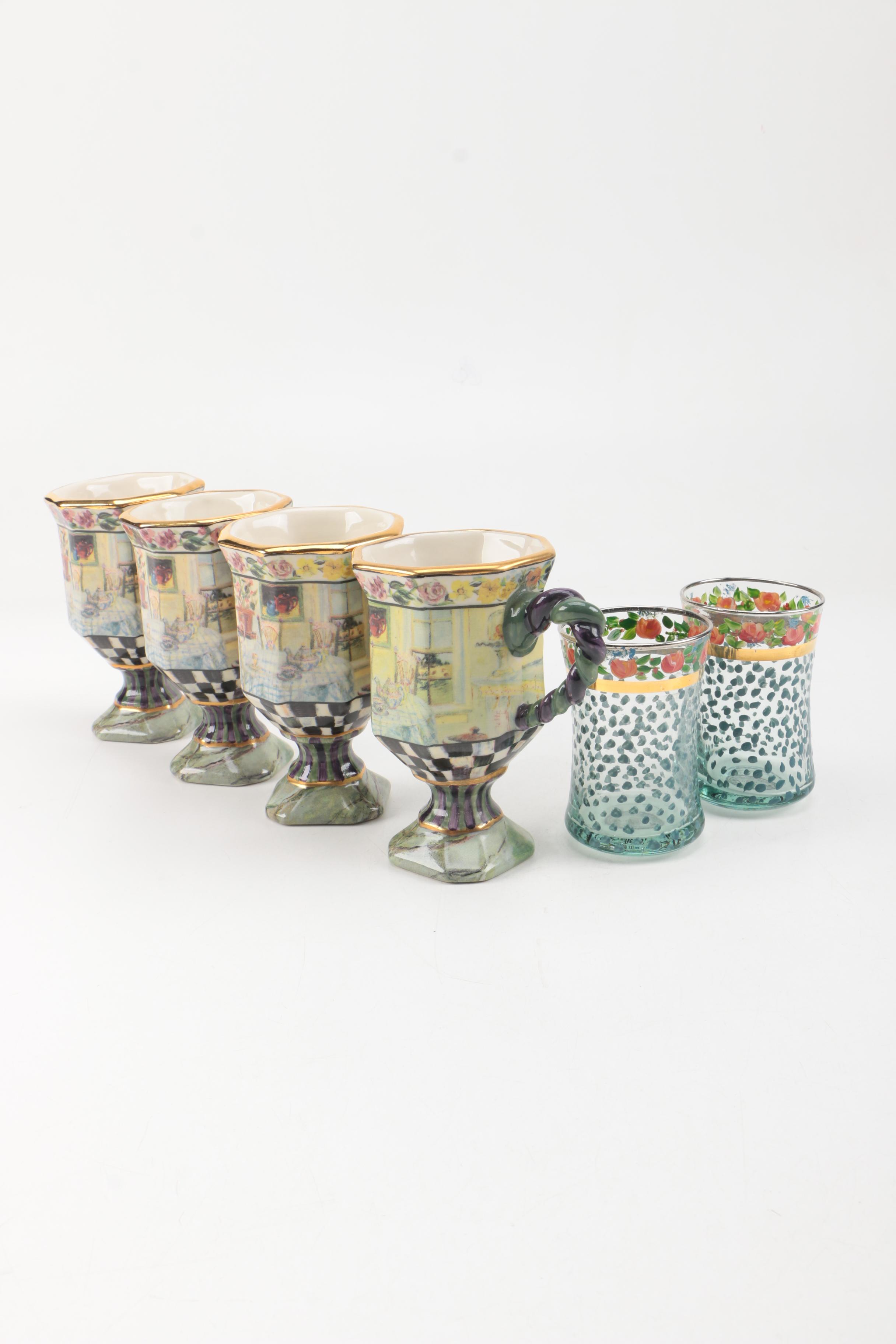 MacKenzie-Childs "Maclachlan" Pedestal Mug and "Circus" Tumblers