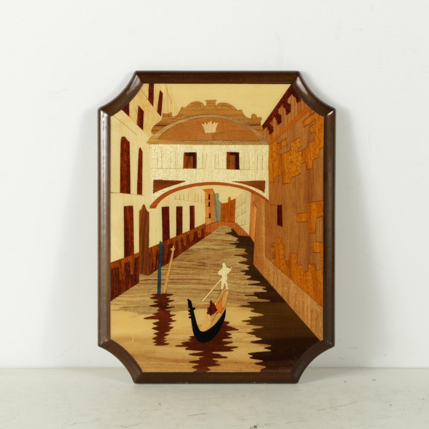 Stained Wood Collage of Gondola on a Canal