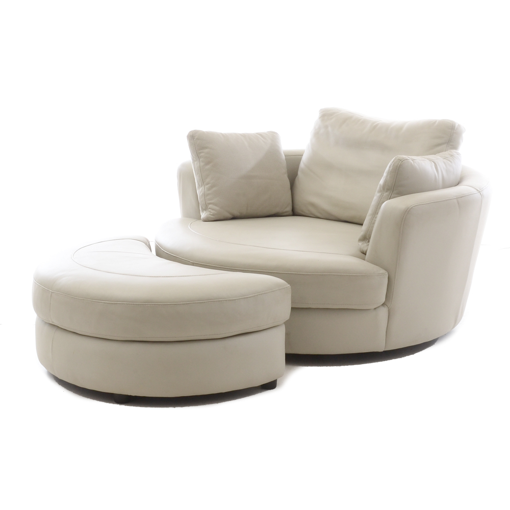 White Leather Turntable Armchair with Ottoman