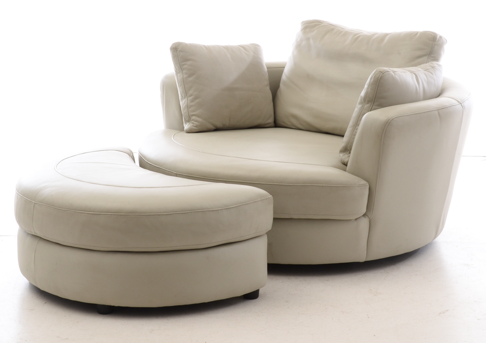 White Leather Turntable Armchair with Ottoman