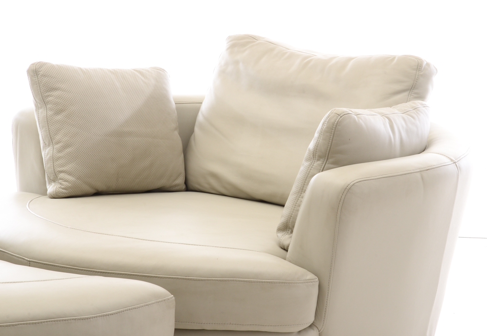 White Leather Turntable Armchair with Ottoman