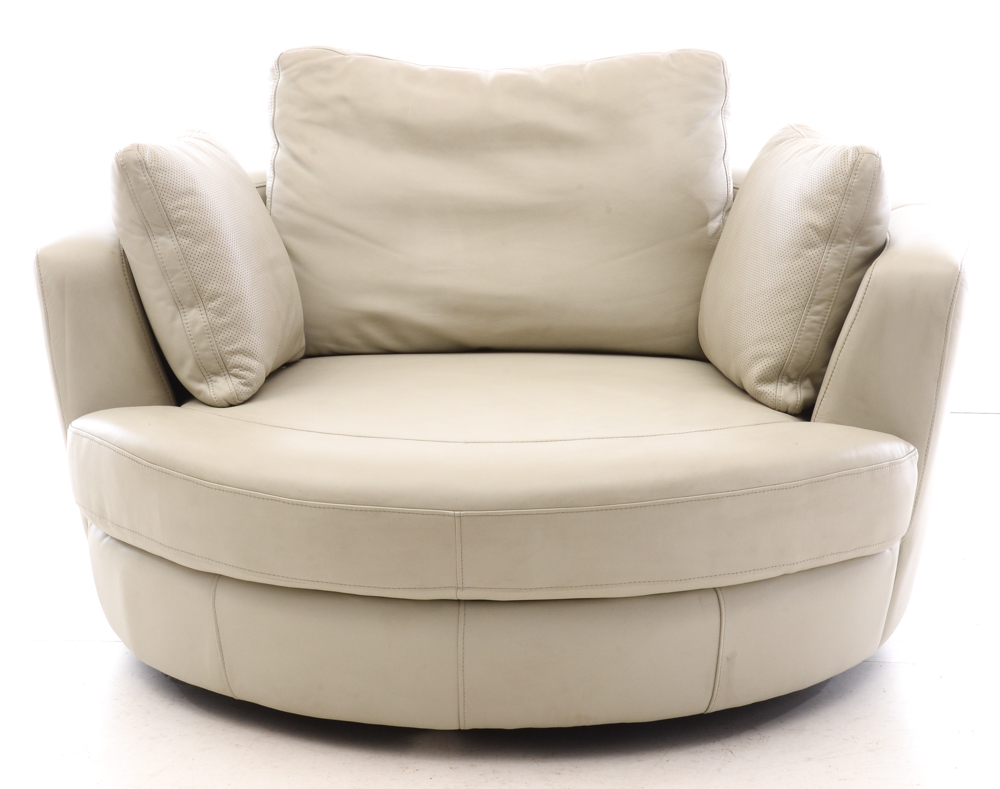 White Leather Turntable Armchair with Ottoman