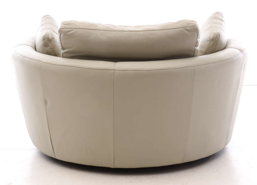 White Leather Turntable Armchair with Ottoman