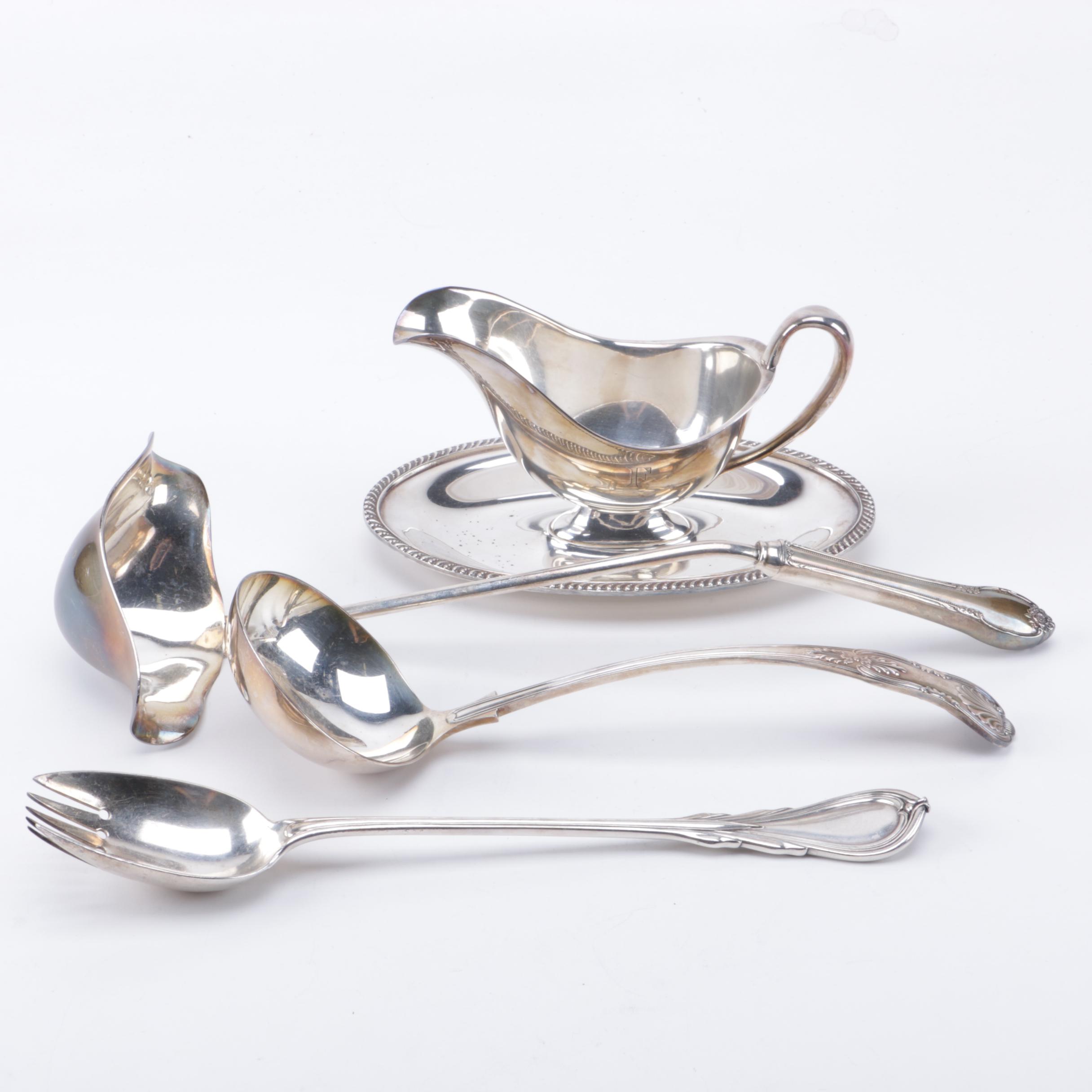 Wm Rogers "Evandale" Silver Plate Gravy Boat and Silver Plate Serveware