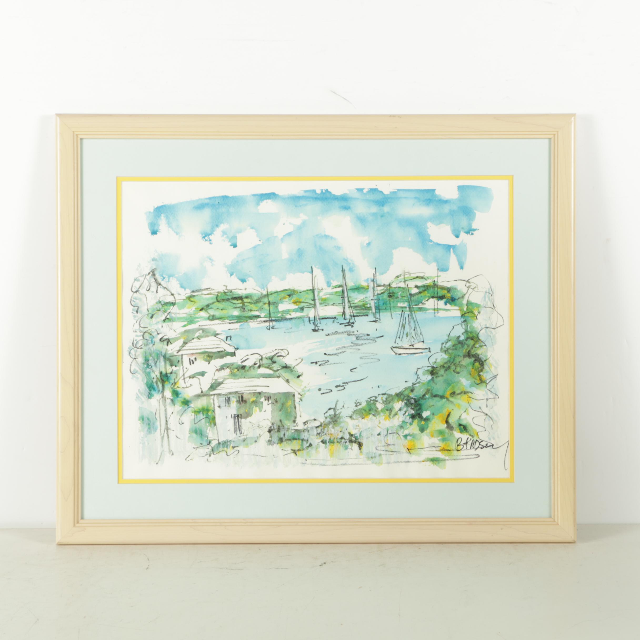 Watercolor on Paper of Sailboats