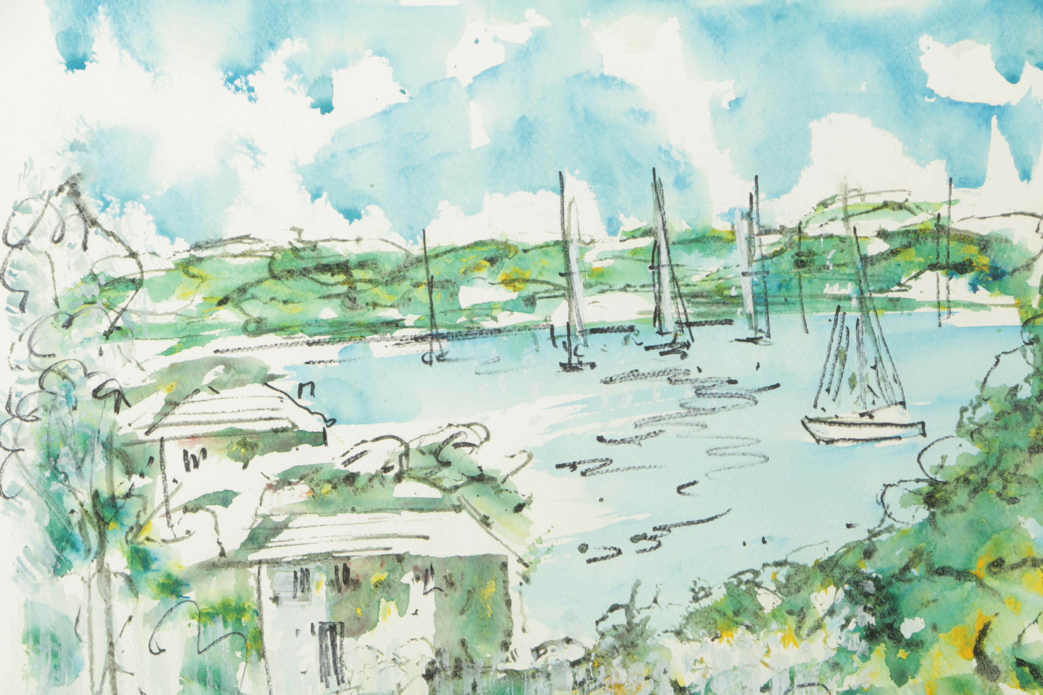 Watercolor on Paper of Sailboats