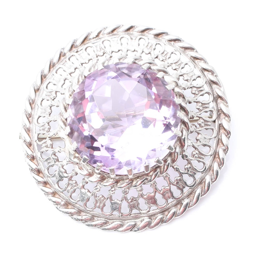 Sterling Silver 25.00 Carat Amethyst Brooch