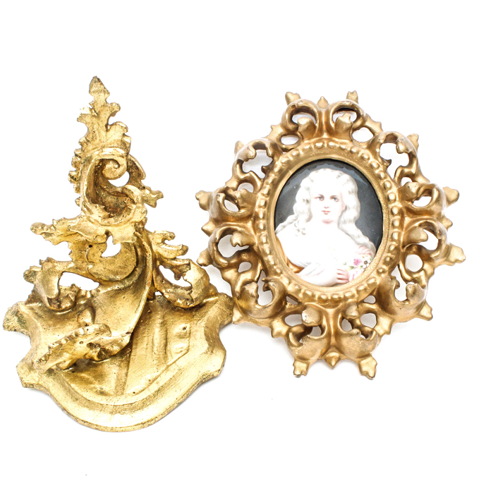 Pair of Gold Decorative Wall Decor including a Painting on Porcelain