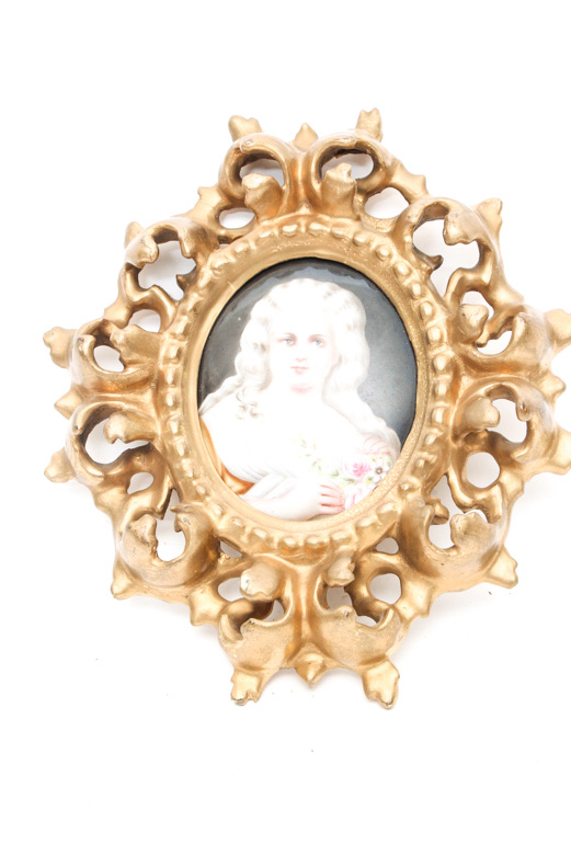 Pair of Gold Decorative Wall Decor including a Painting on Porcelain