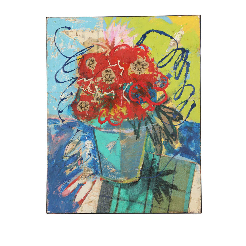 Jacques Lamy Mixed Media on Canvas "Red Flowers"