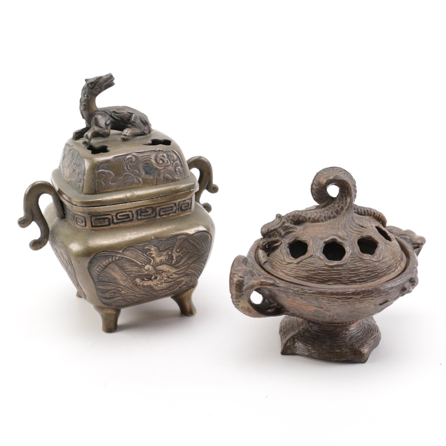 Pair of Dragon Motif Chinese Brass Censer Boxes