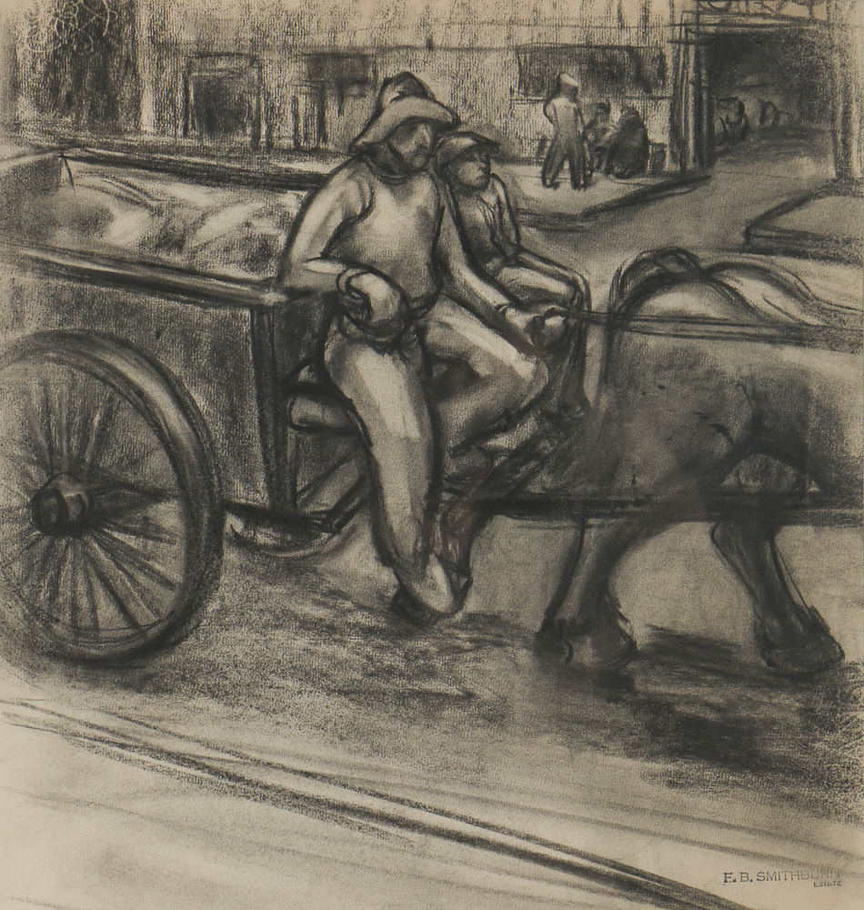 Florence Bartley Smithburn Charcoal Drawing on Paper of a Wagon Scene