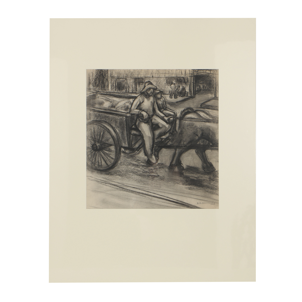 Florence Bartley Smithburn Charcoal Drawing on Paper of a Wagon Scene