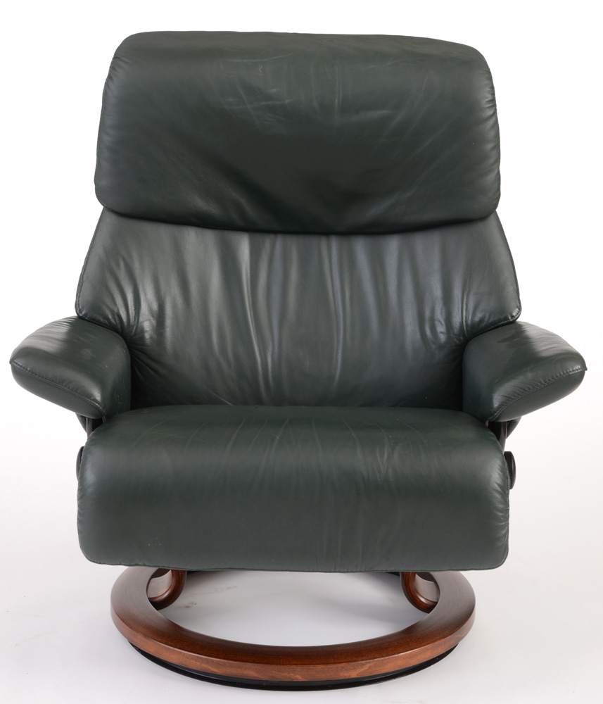Green Leather "Stressless" Adjustable Chair and Ottoman by Ekornes / Norway