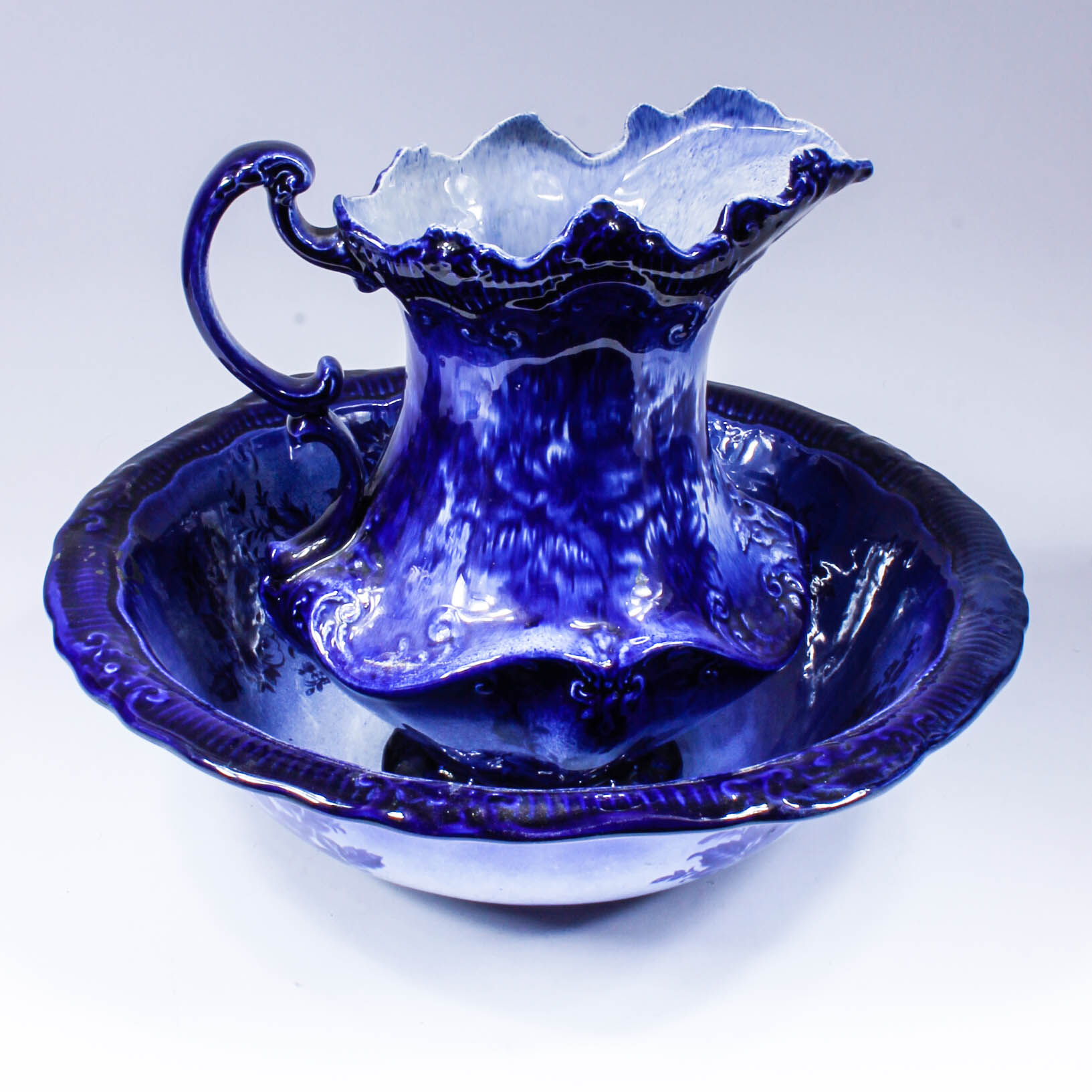 Vintage Blue and White Monarch Staffordshire English Pitcher and Wash Bowl Set