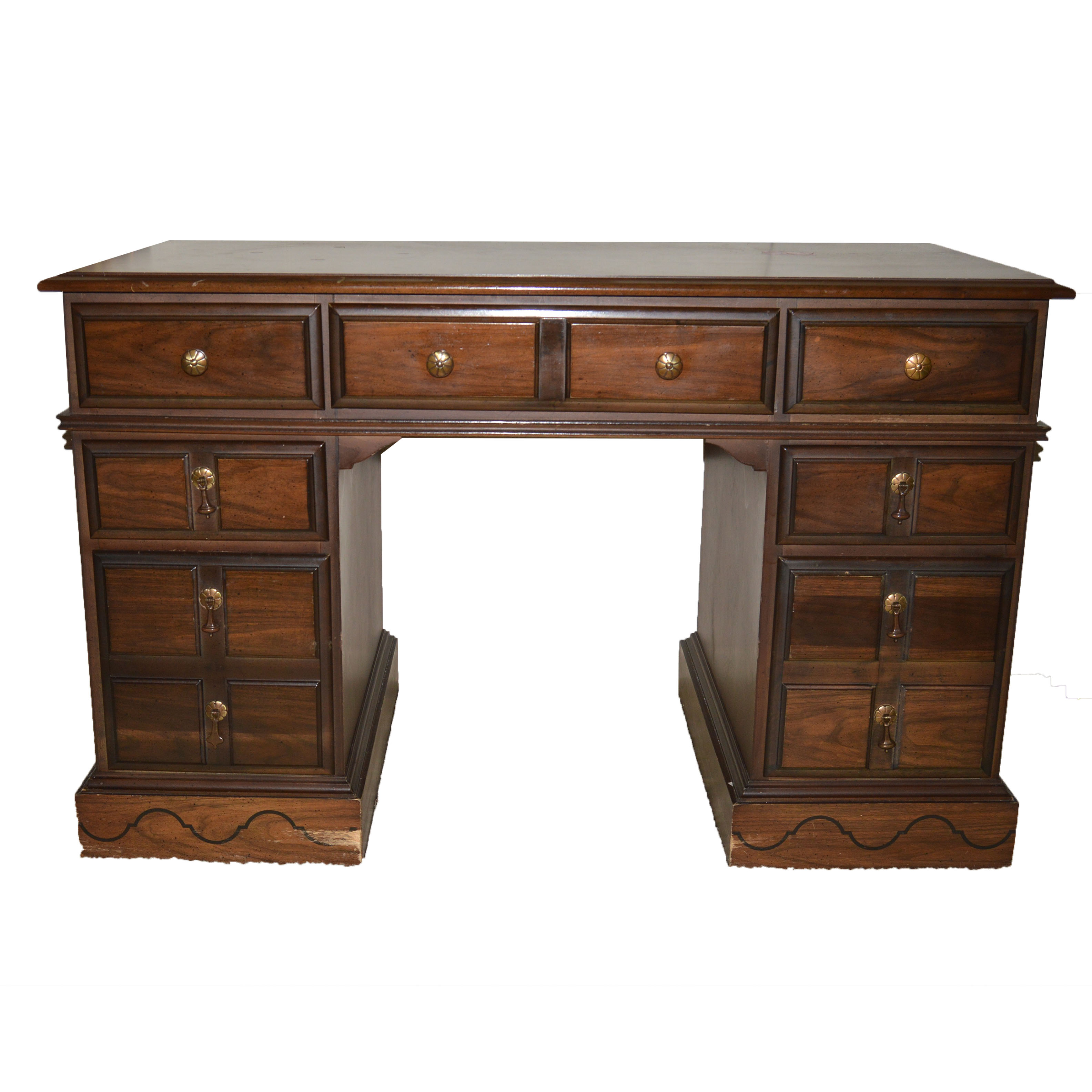 Vintage Kneehole Writing Desk and Brass Accent Lamps