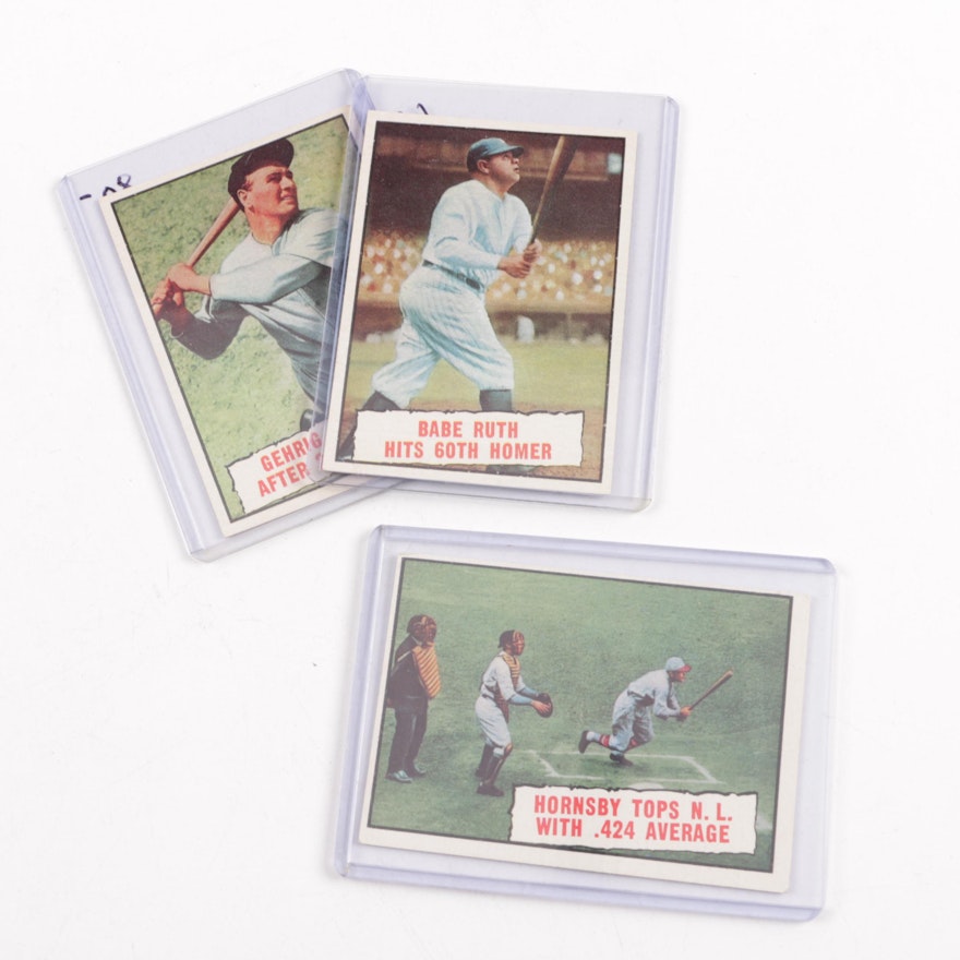 Three 1961 Baseball Cards Featuring Ruth, Hornsby, Gehrig