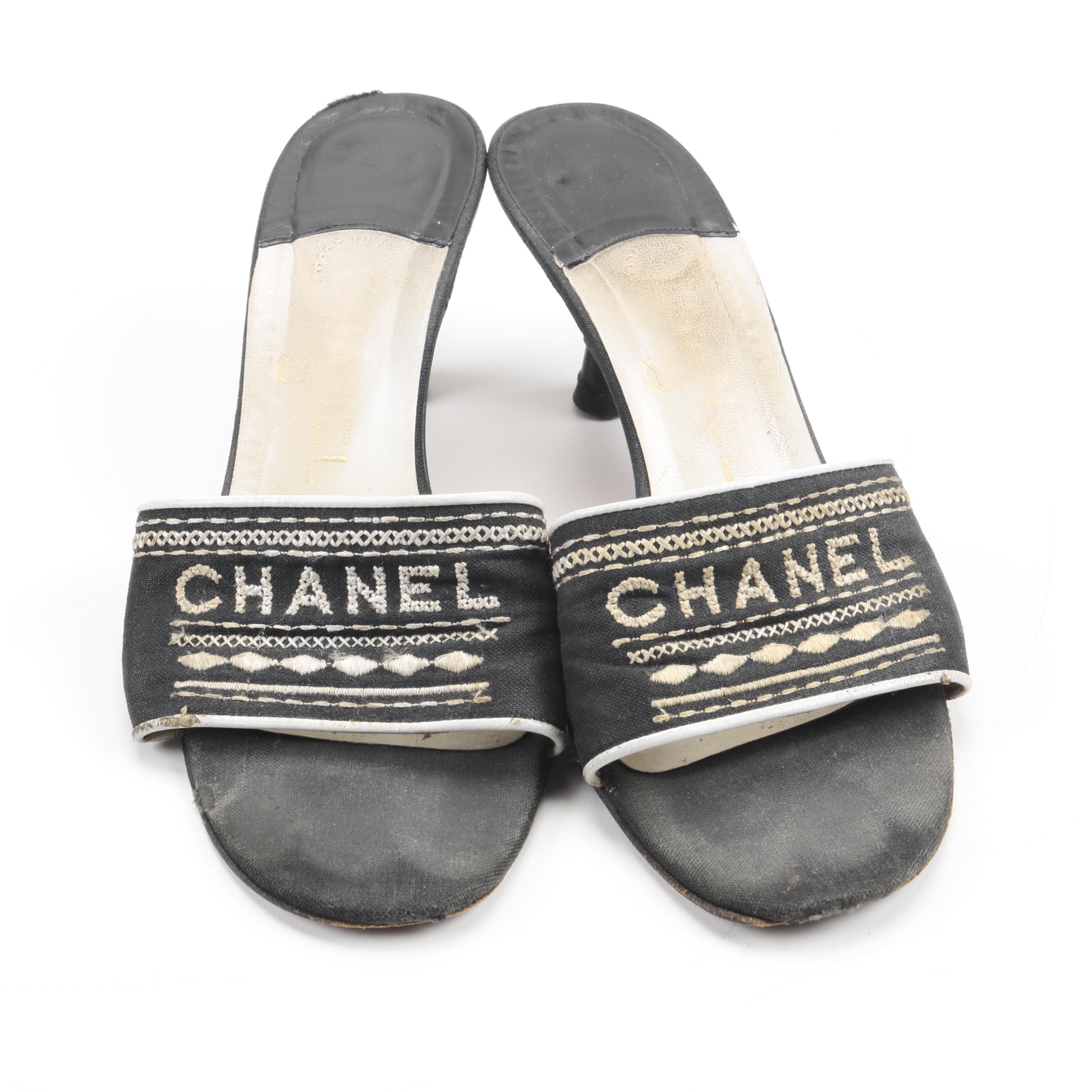 Chanel Black Canvas Embroidered Mules Slides