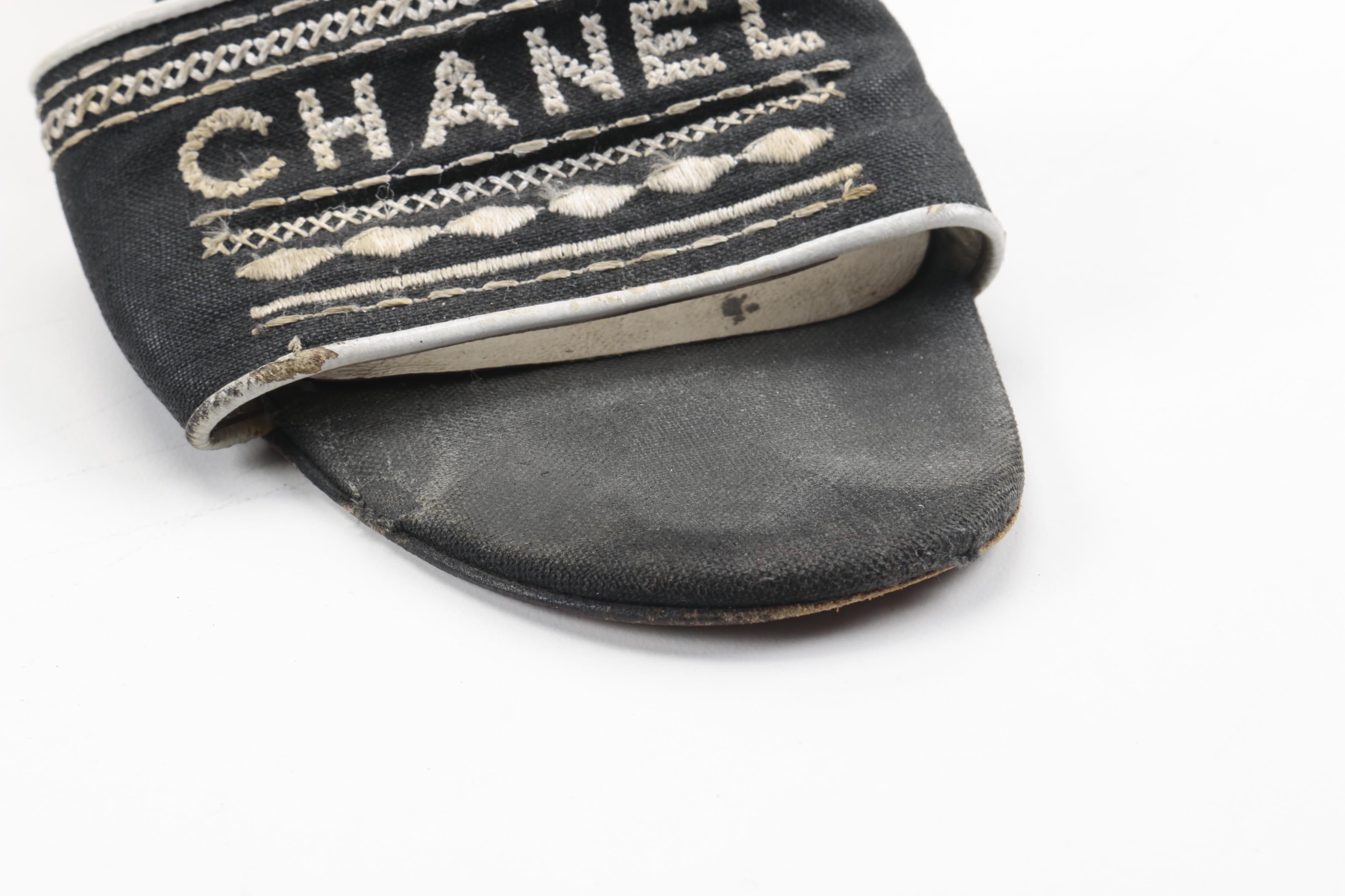 Chanel Black Canvas Embroidered Mules Slides