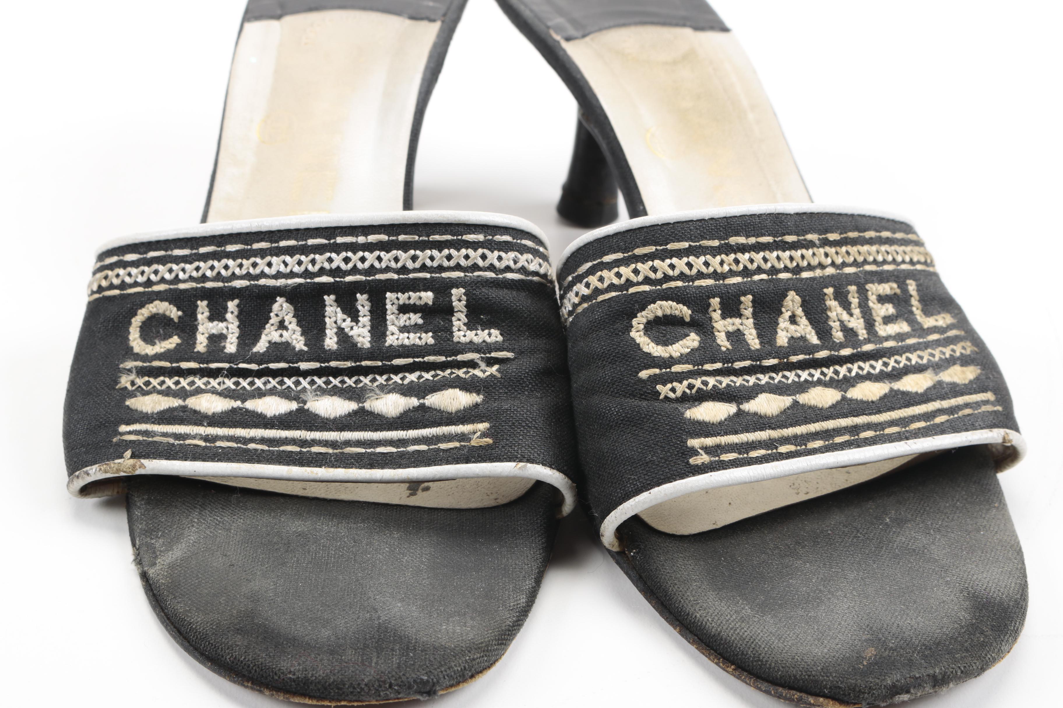 Chanel Black Canvas Embroidered Mules Slides
