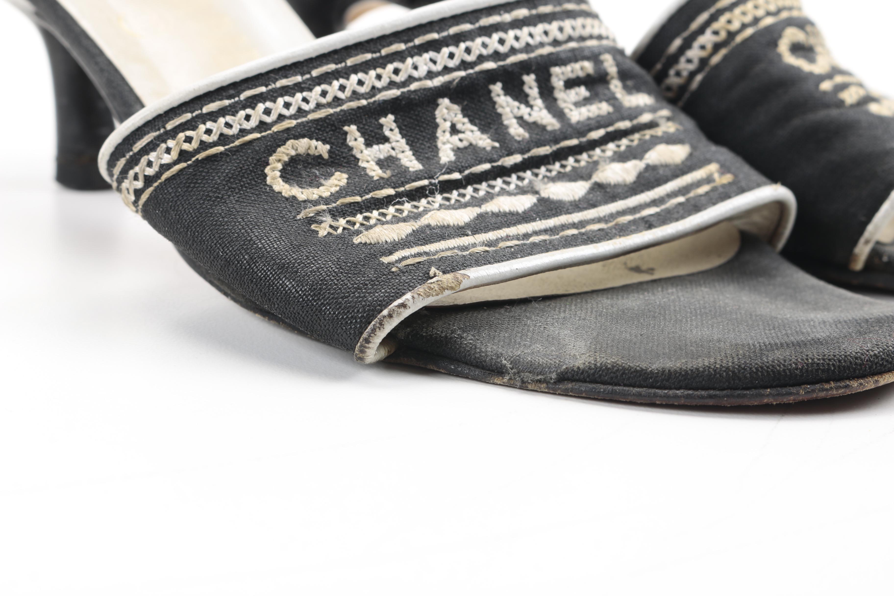 Chanel Black Canvas Embroidered Mules Slides