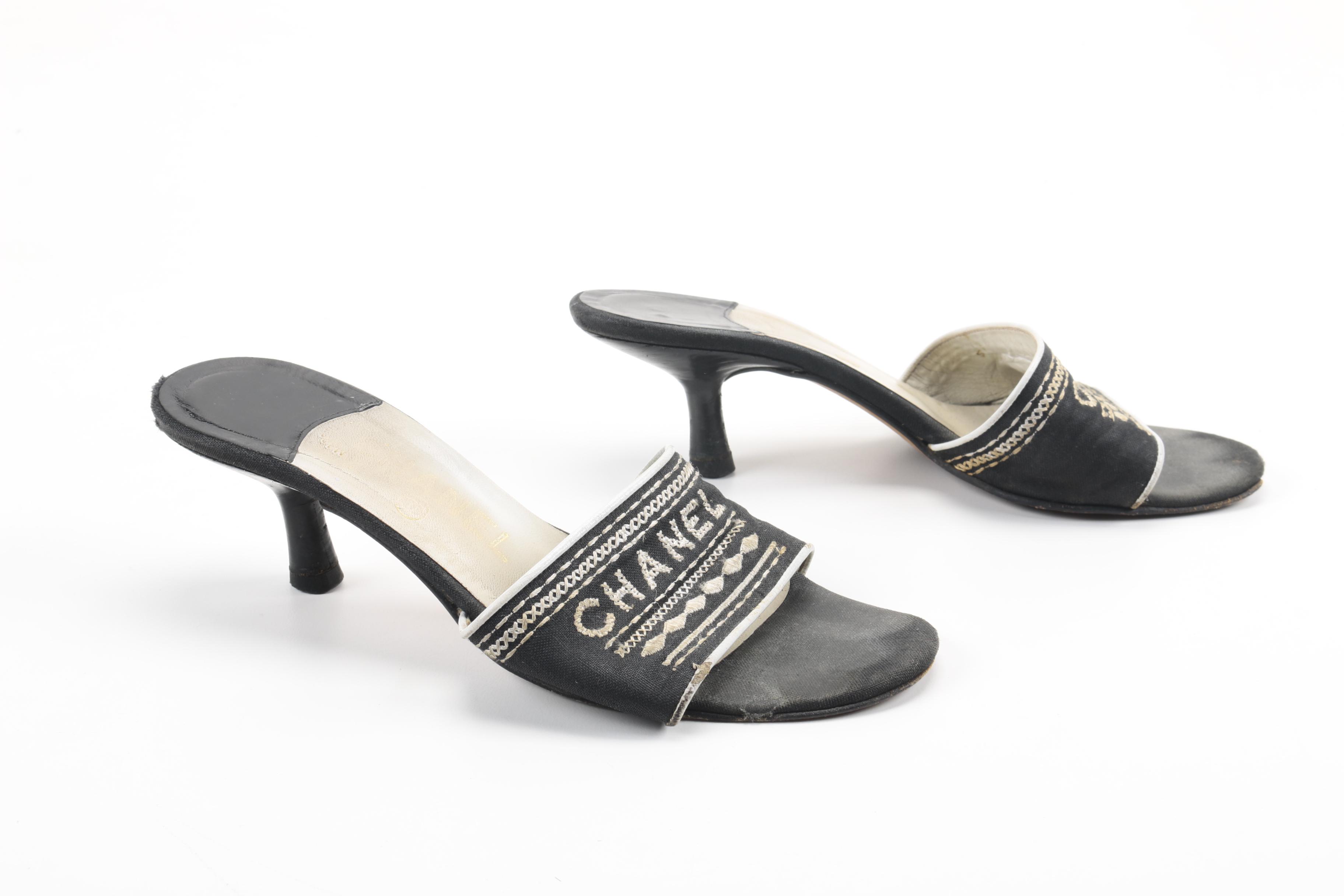 Chanel Black Canvas Embroidered Mules Slides