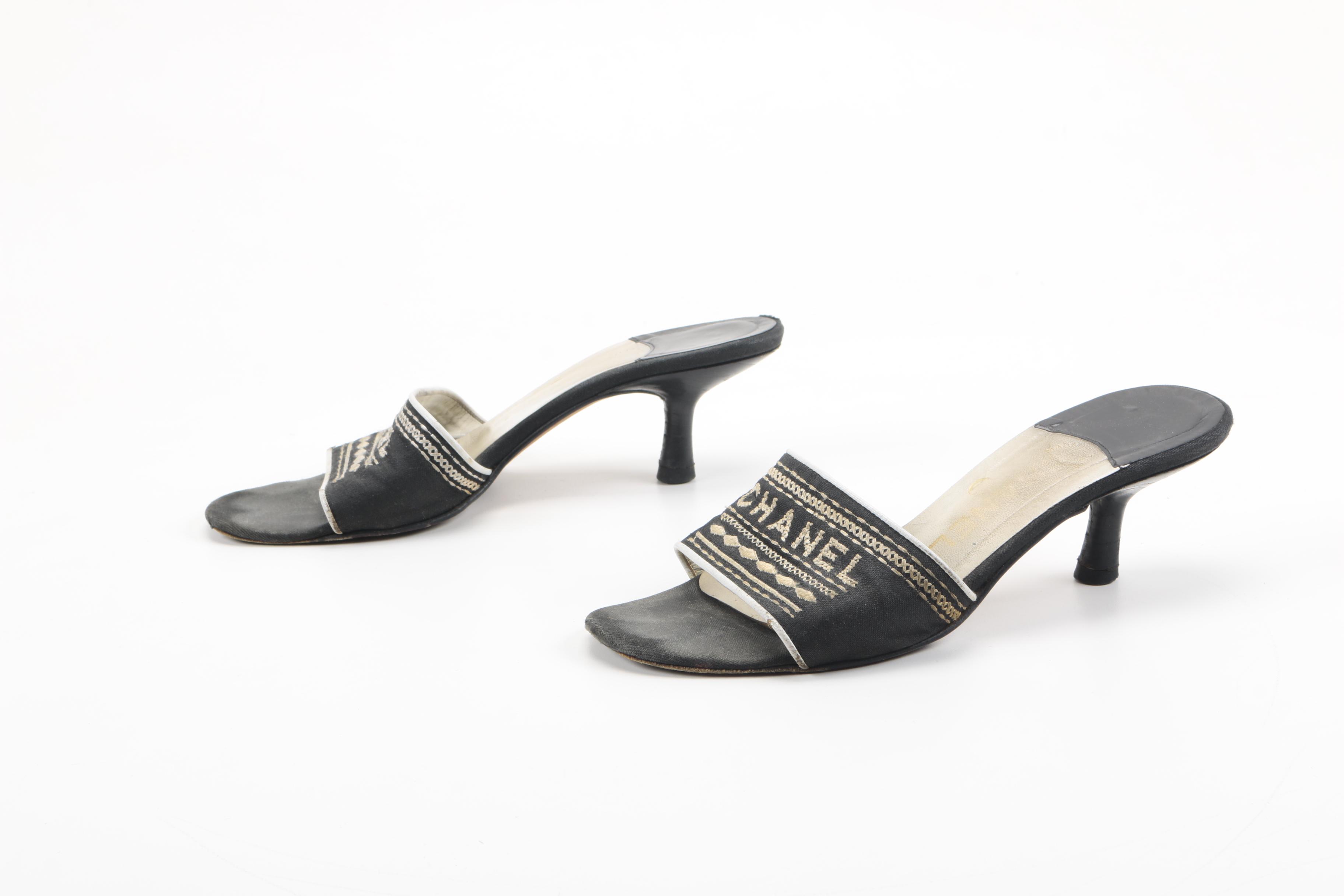 Chanel Black Canvas Embroidered Mules Slides