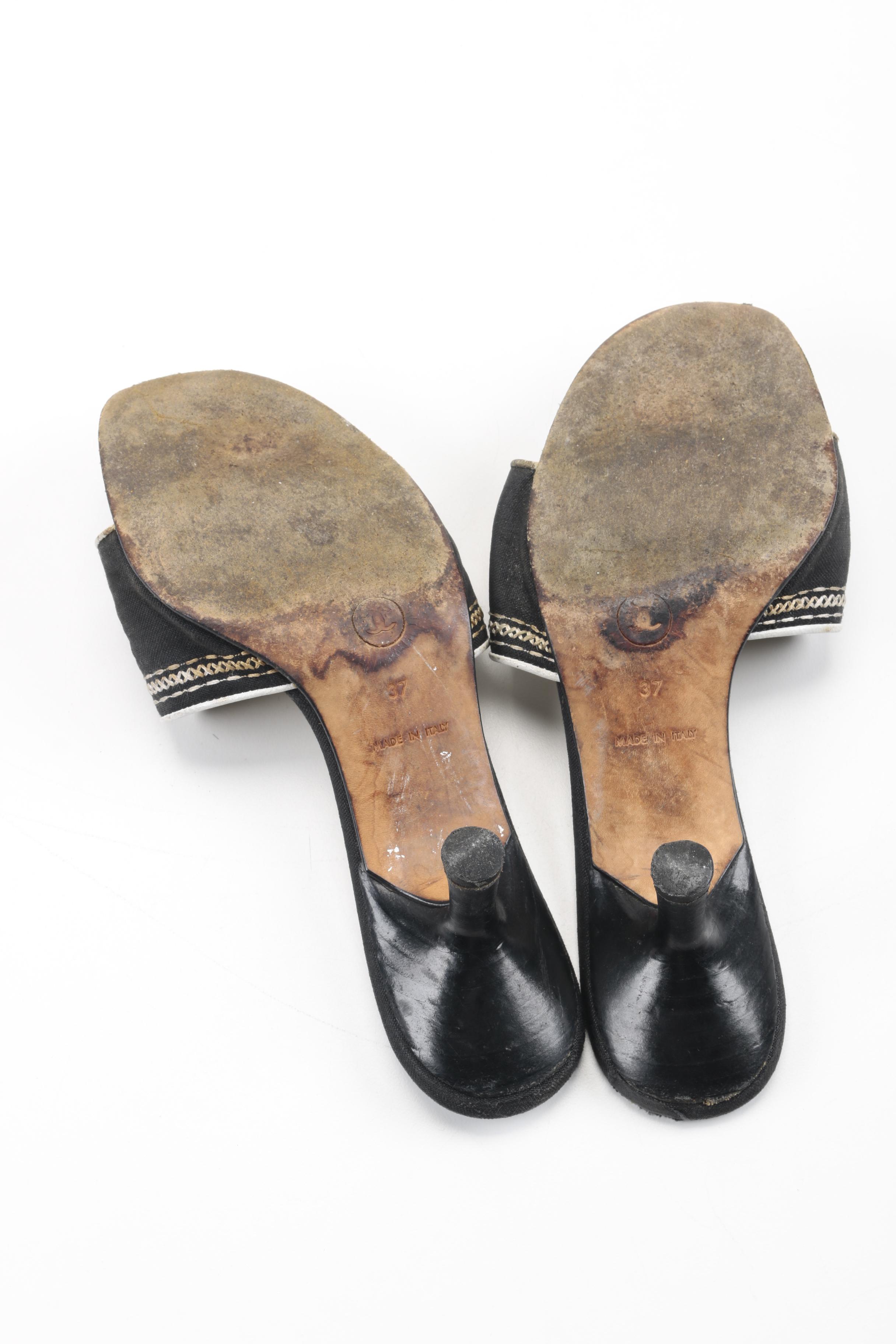 Chanel Black Canvas Embroidered Mules Slides