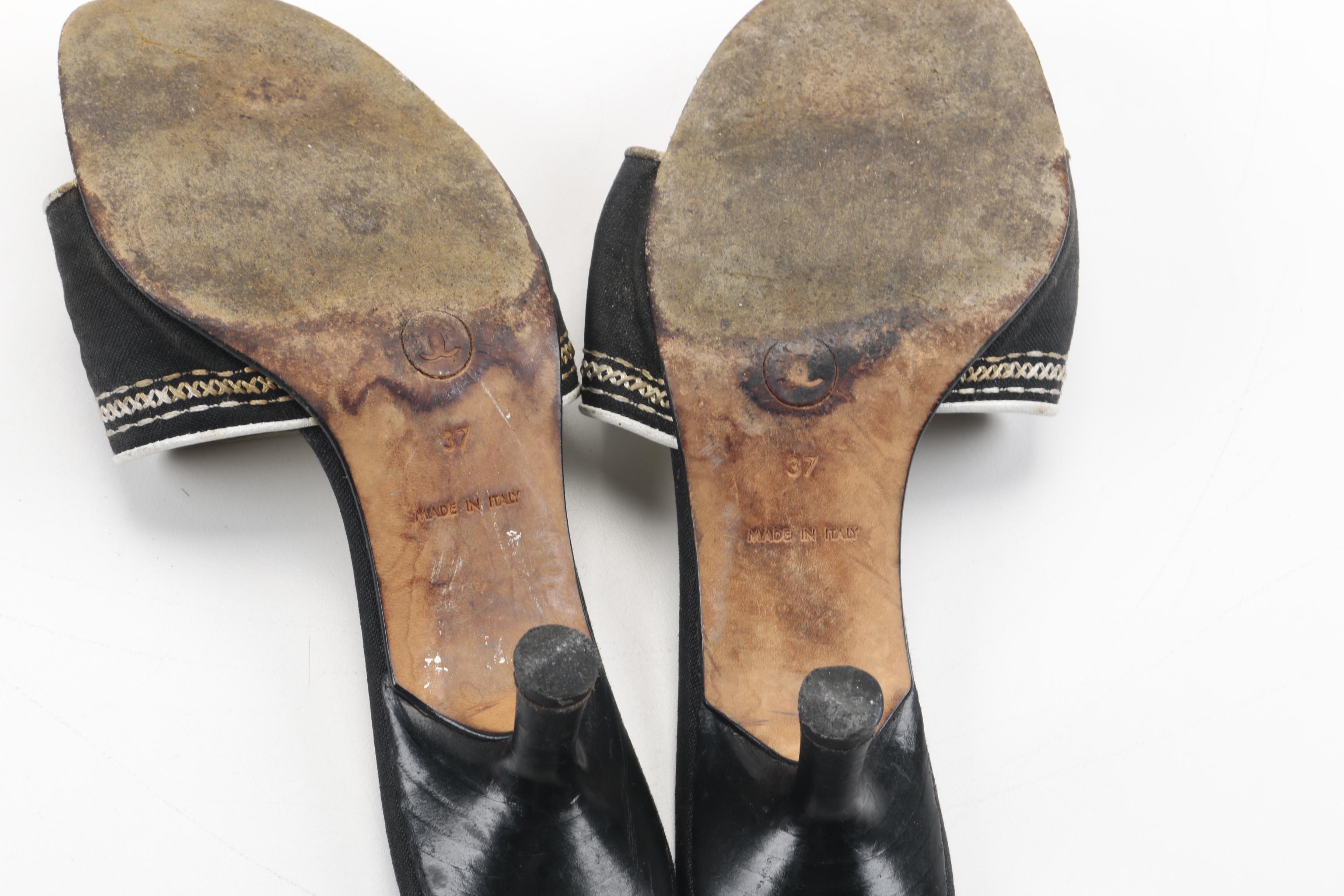 Chanel Black Canvas Embroidered Mules Slides