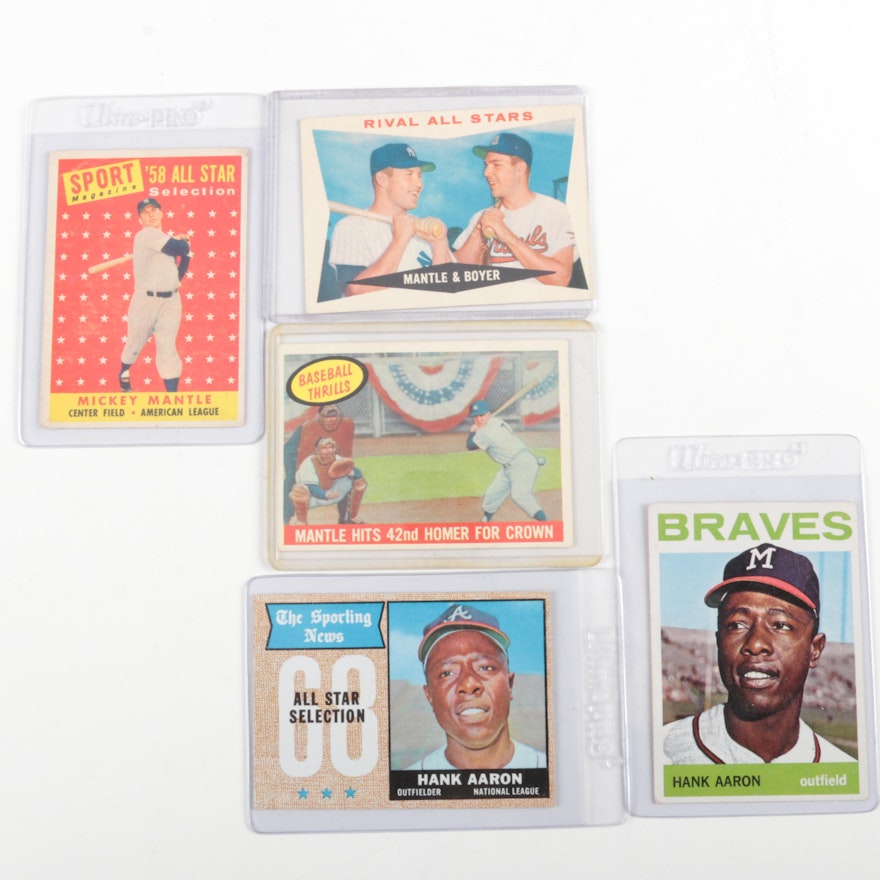 Five Baseball Cards from the 1960s Including Mantle and Aaron