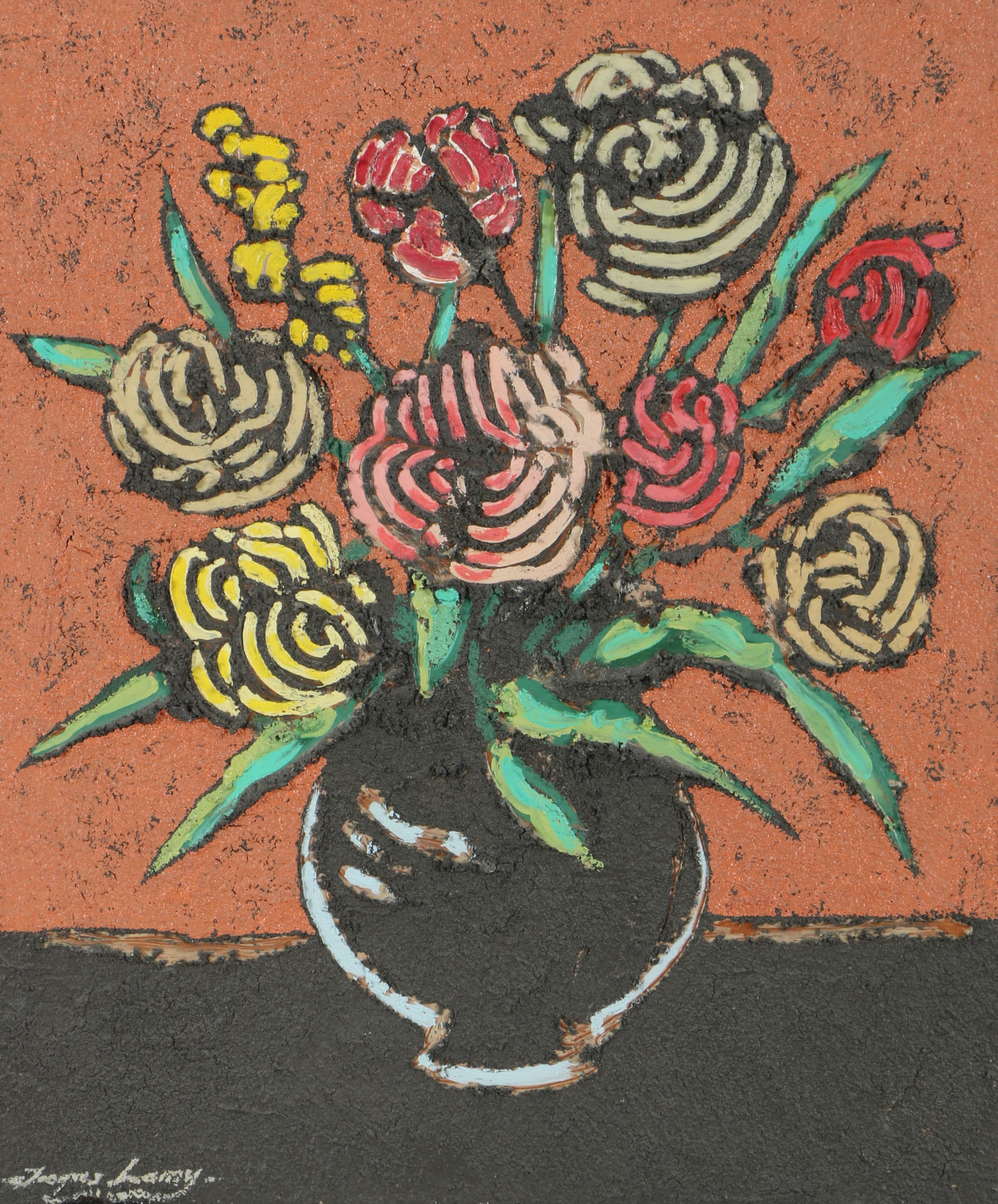 Jacques Lamy Plaster Painting on Board Floral Still Life