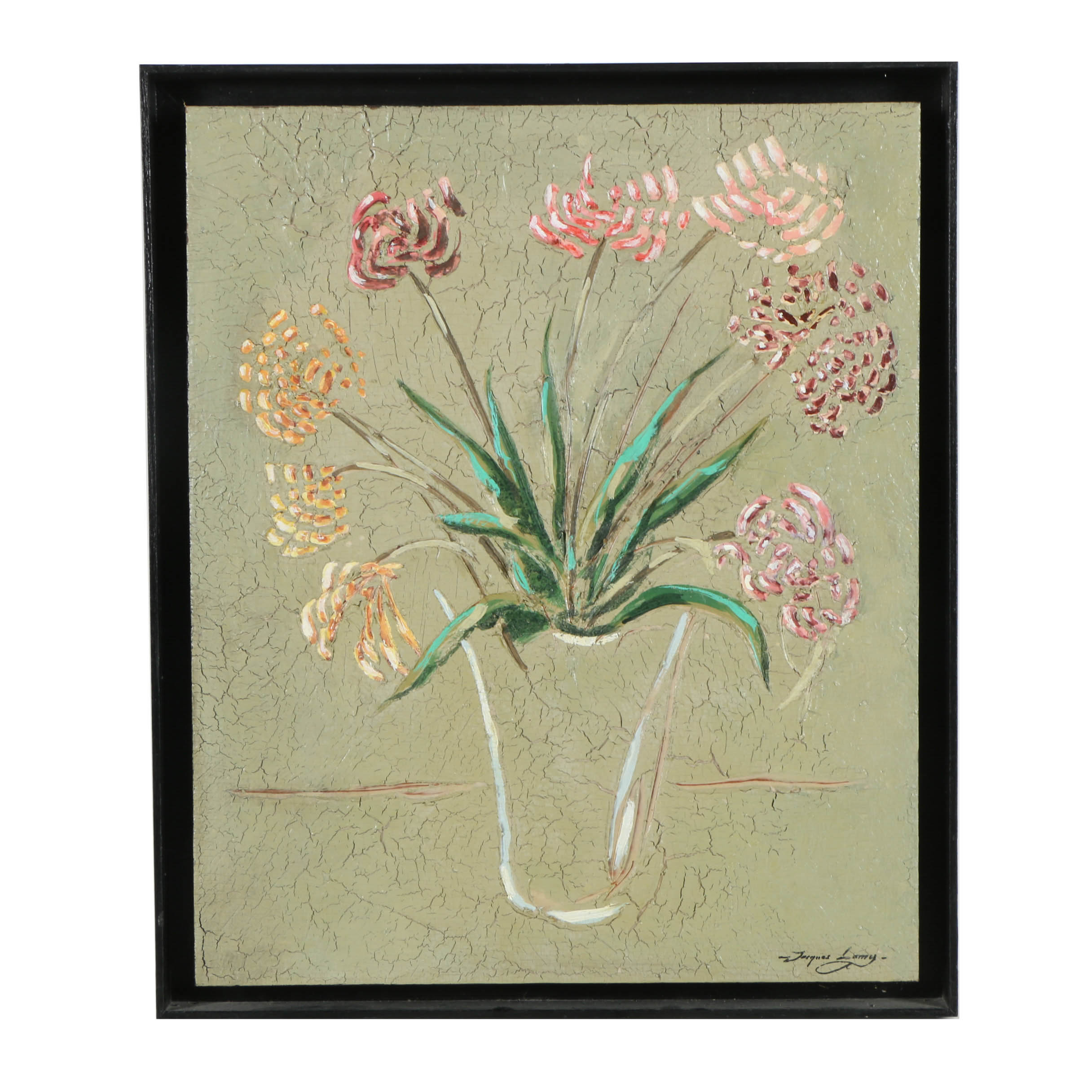Jacques Lamy Acrylic and Plaster Painting on Board Abstracted Floral Still Life