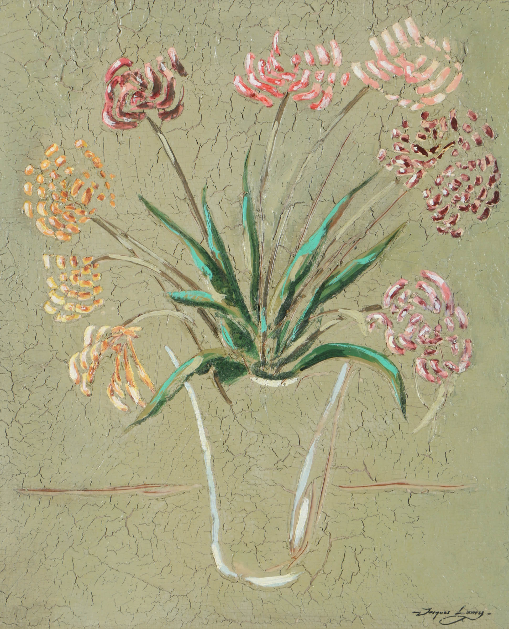 Jacques Lamy Acrylic and Plaster Painting on Board Abstracted Floral Still Life