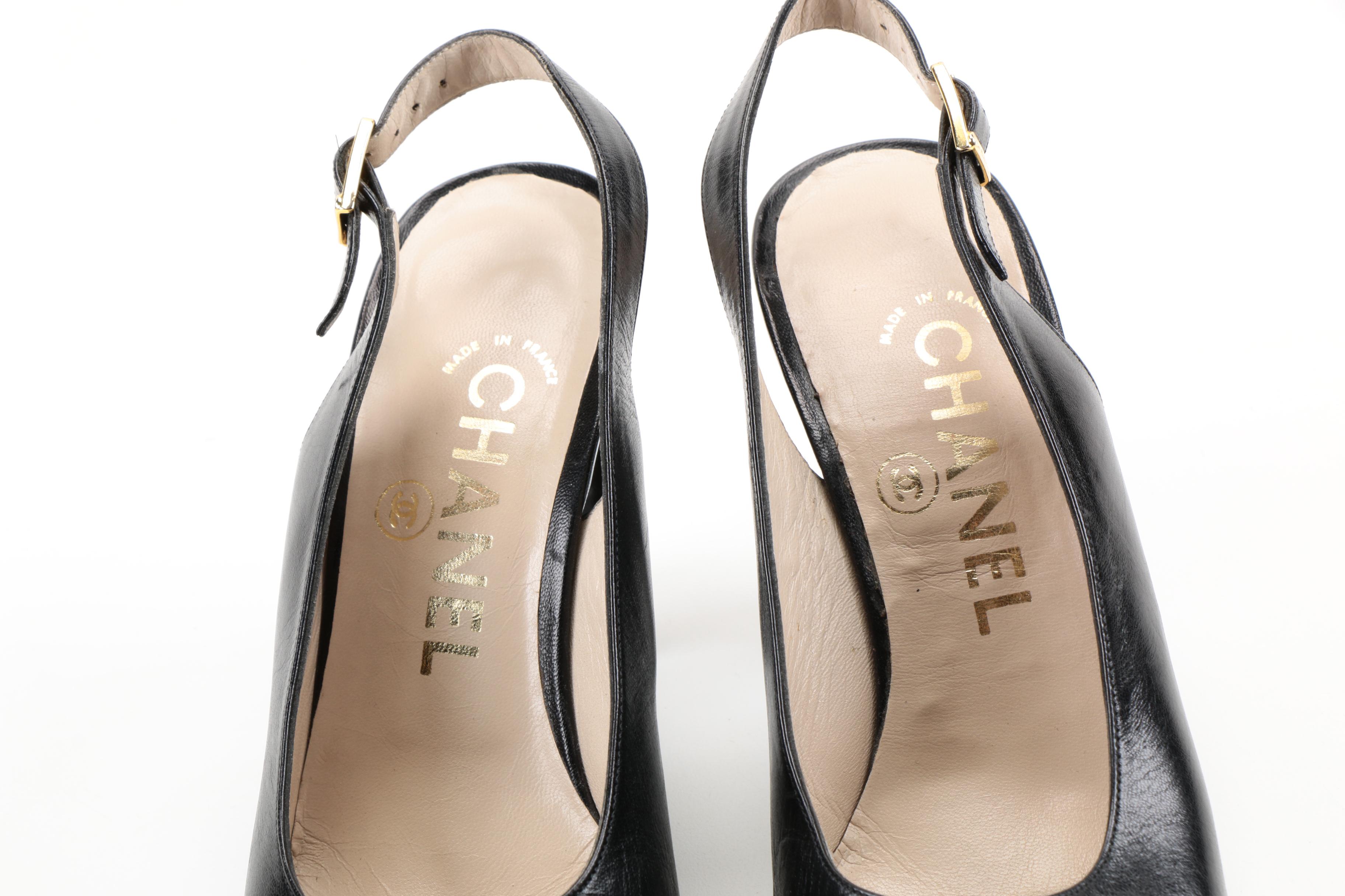 Chanel Black Leather Slingback Heels