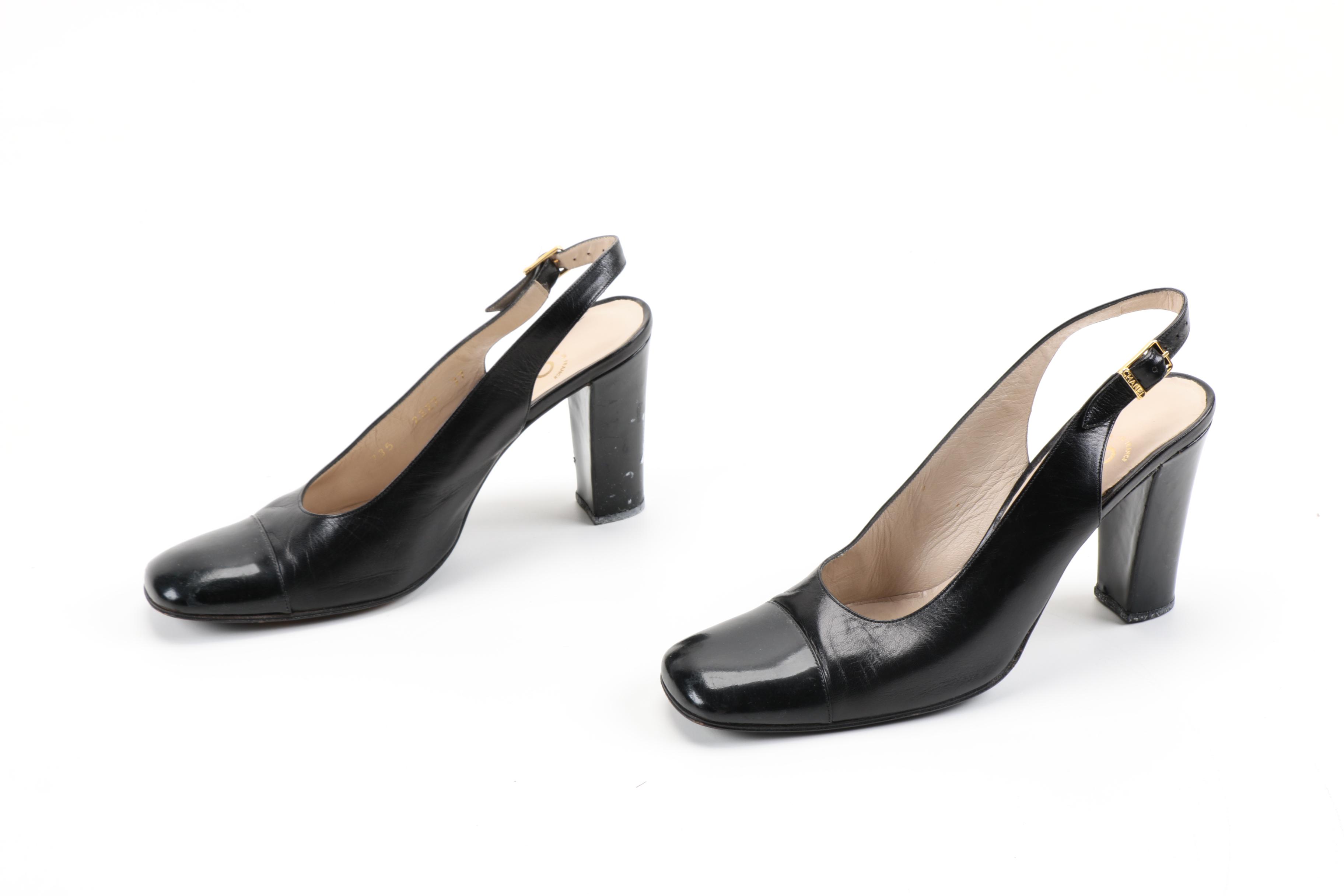 Chanel Black Leather Slingback Heels