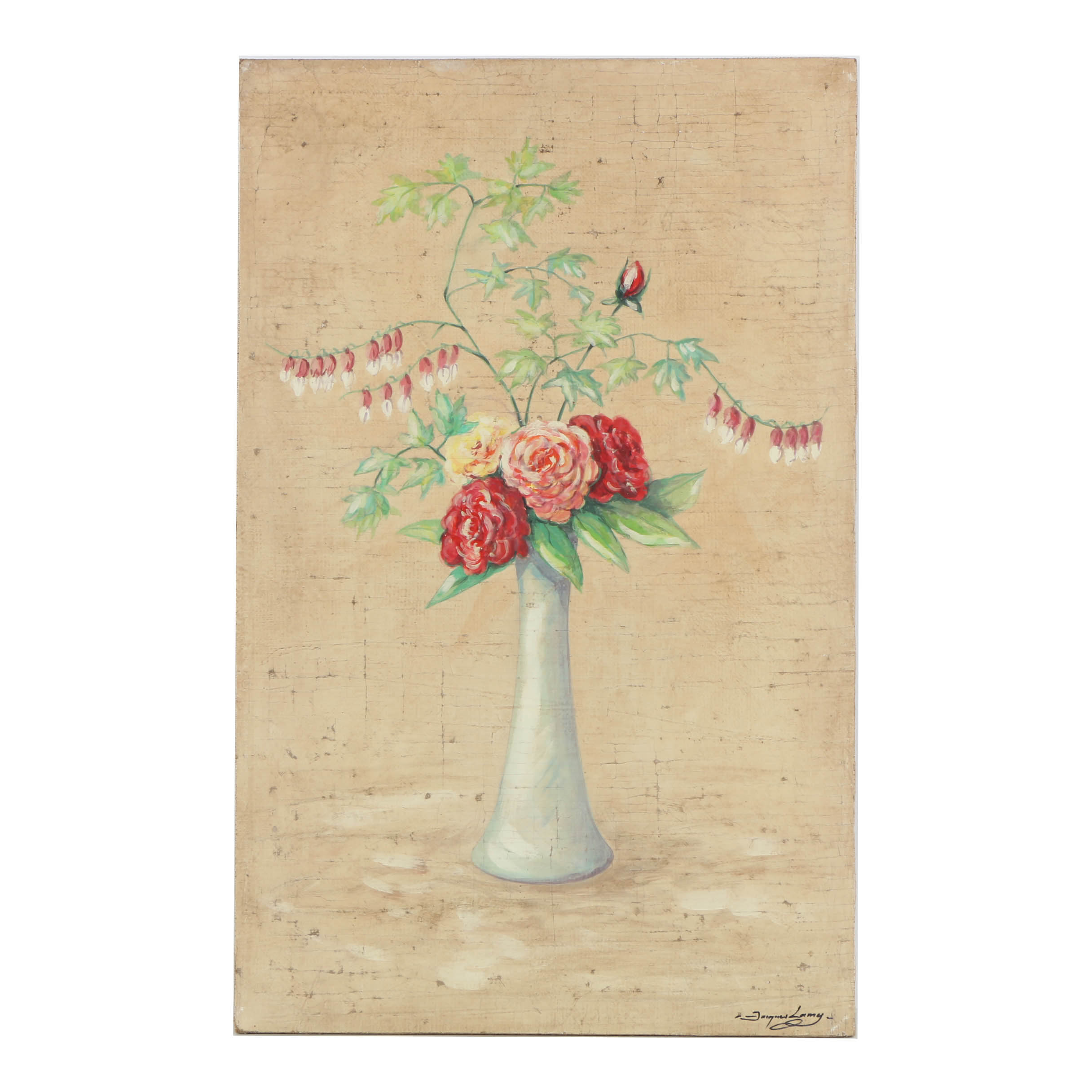 Jacques Lamy Fresco Painting on Burlap Floral Still Life
