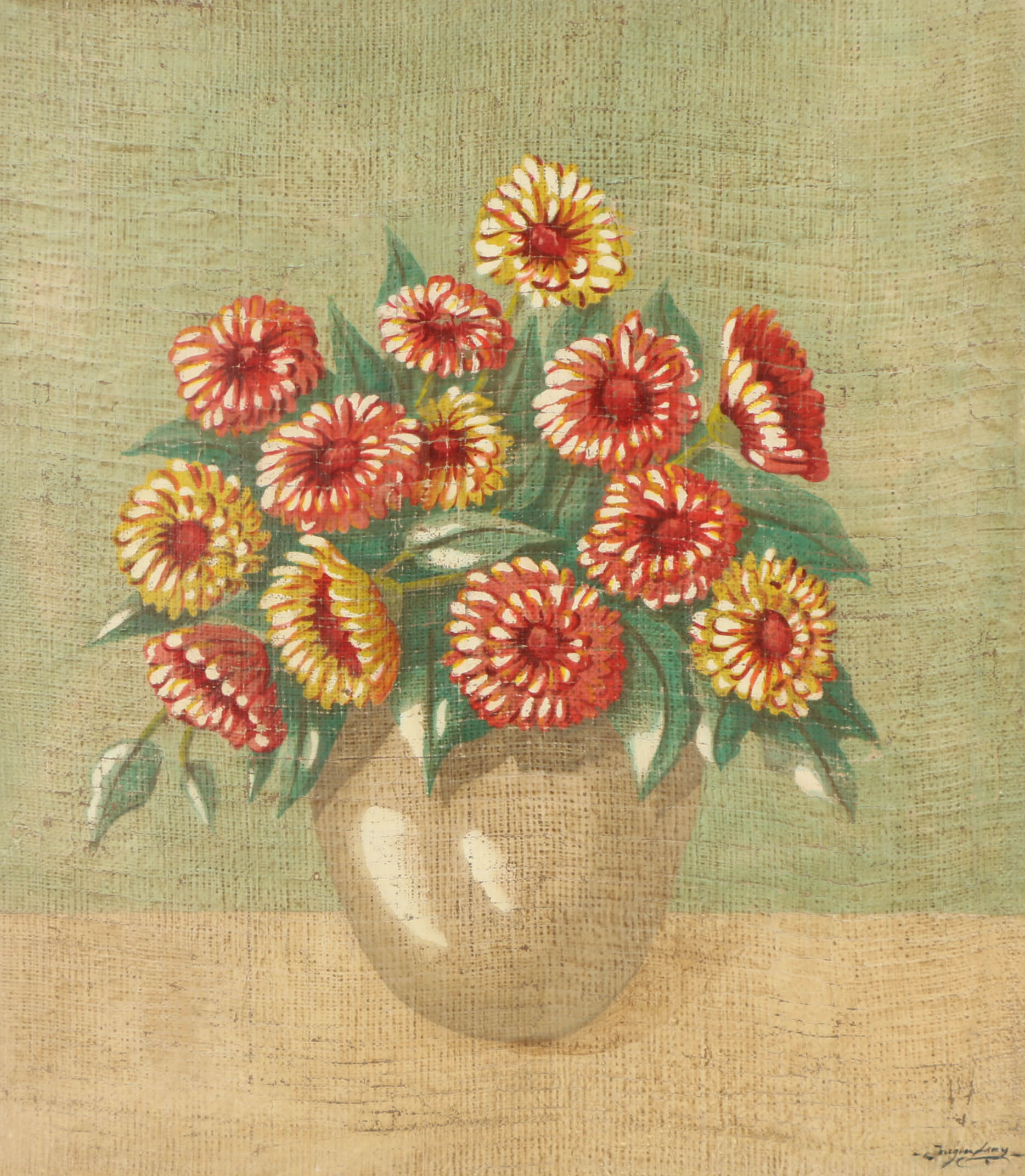 Jacques Lamy Fresco Painting on Burlap Floral Still Life