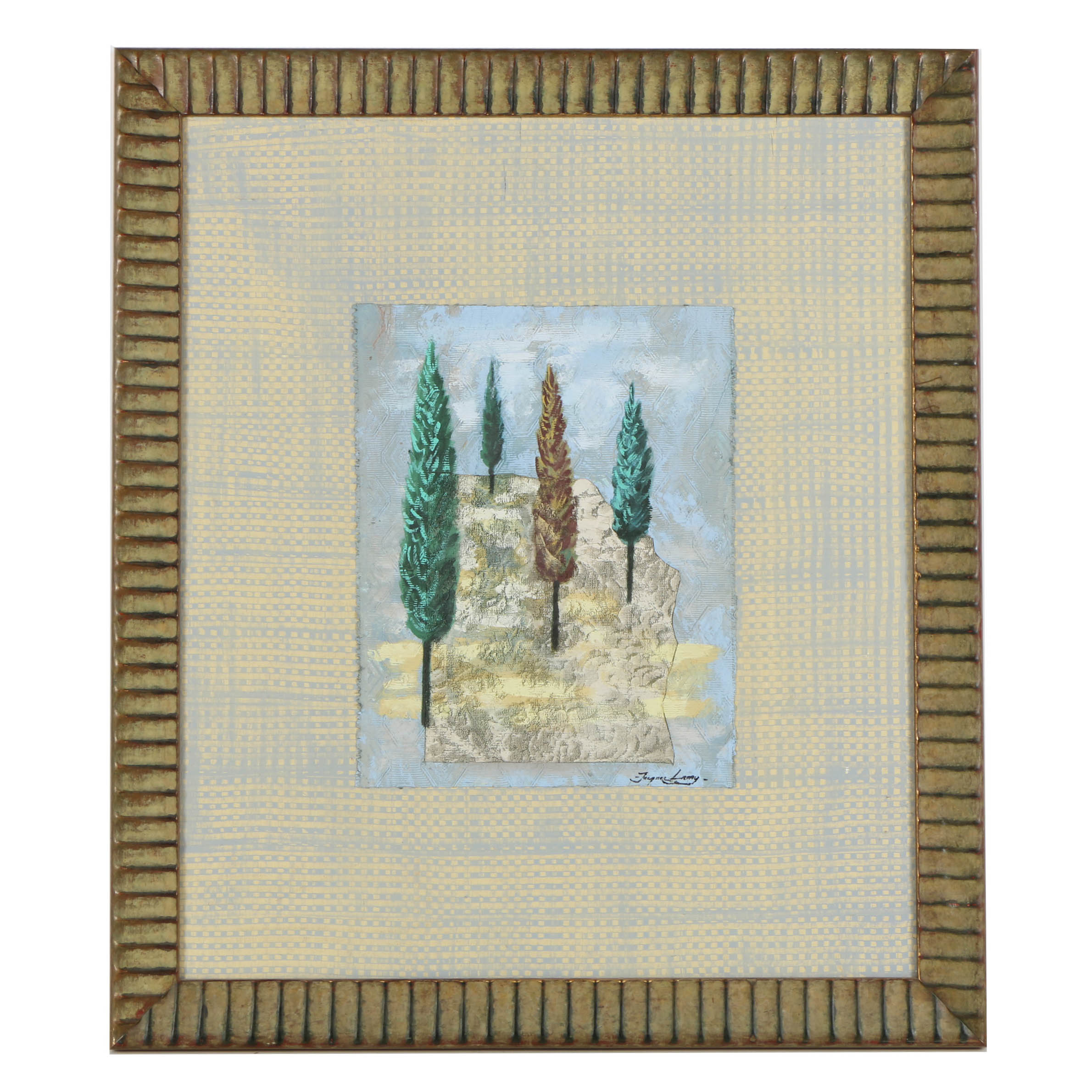 Jacques Lamy Mixed Media Painting on Board of Cypresses