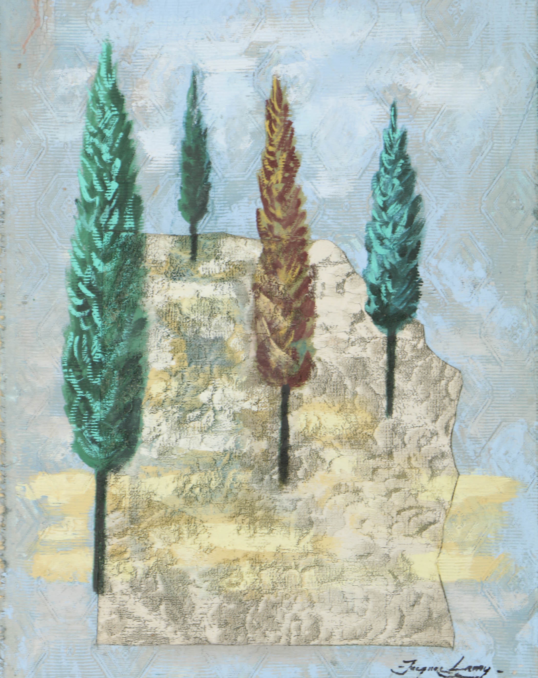 Jacques Lamy Mixed Media Painting on Board of Cypresses