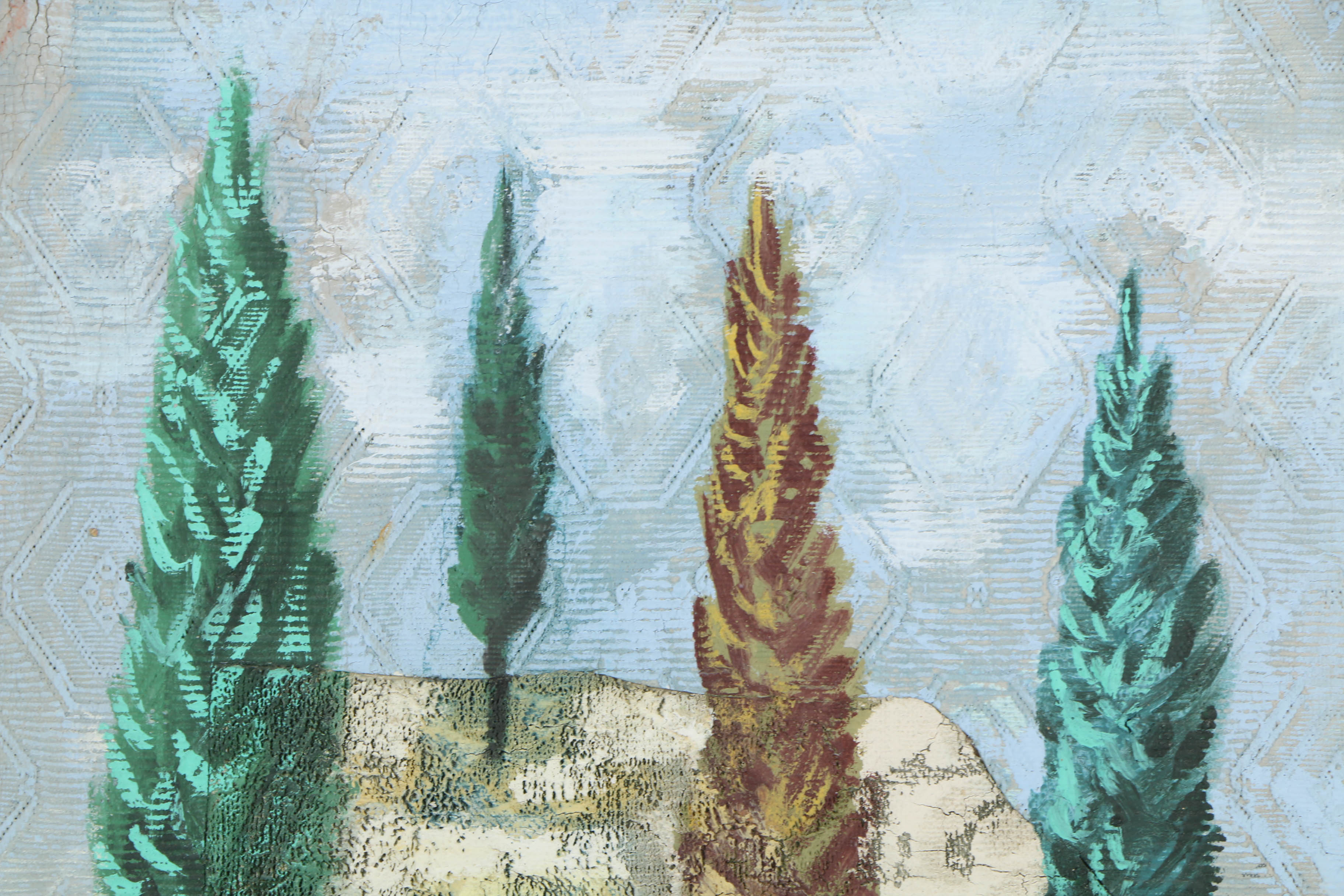 Jacques Lamy Mixed Media Painting on Board of Cypresses