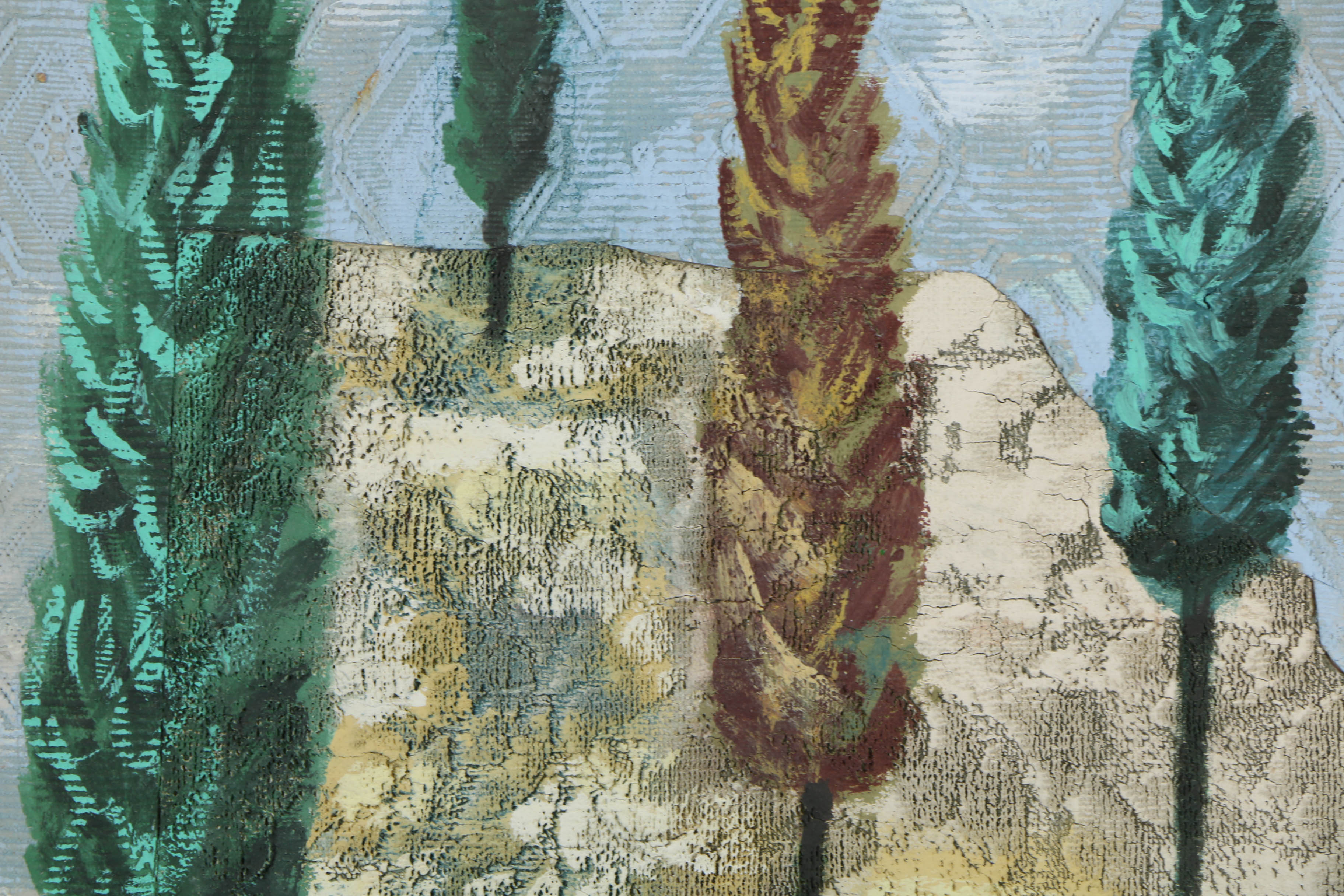 Jacques Lamy Mixed Media Painting on Board of Cypresses