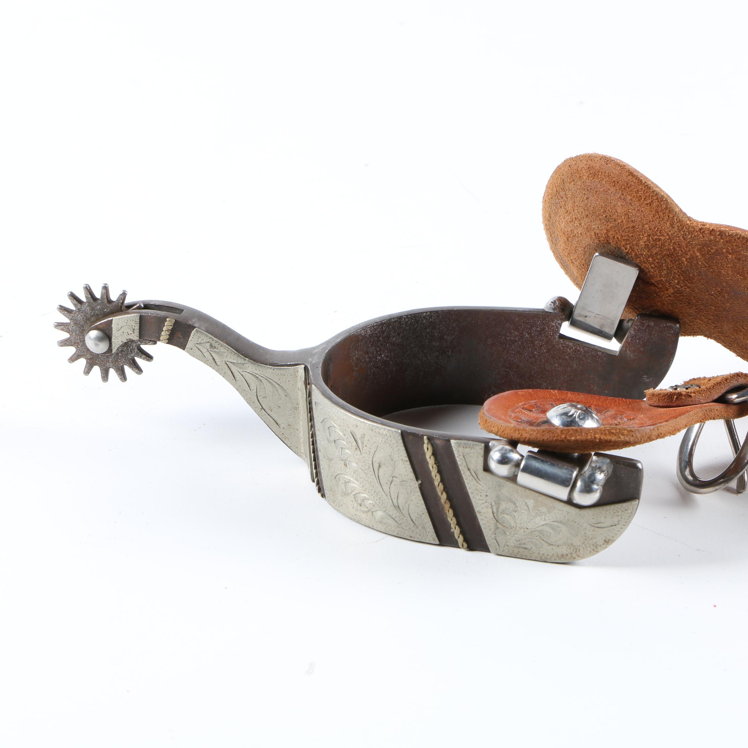 Pair of Spurs with Tooled Leather Straps